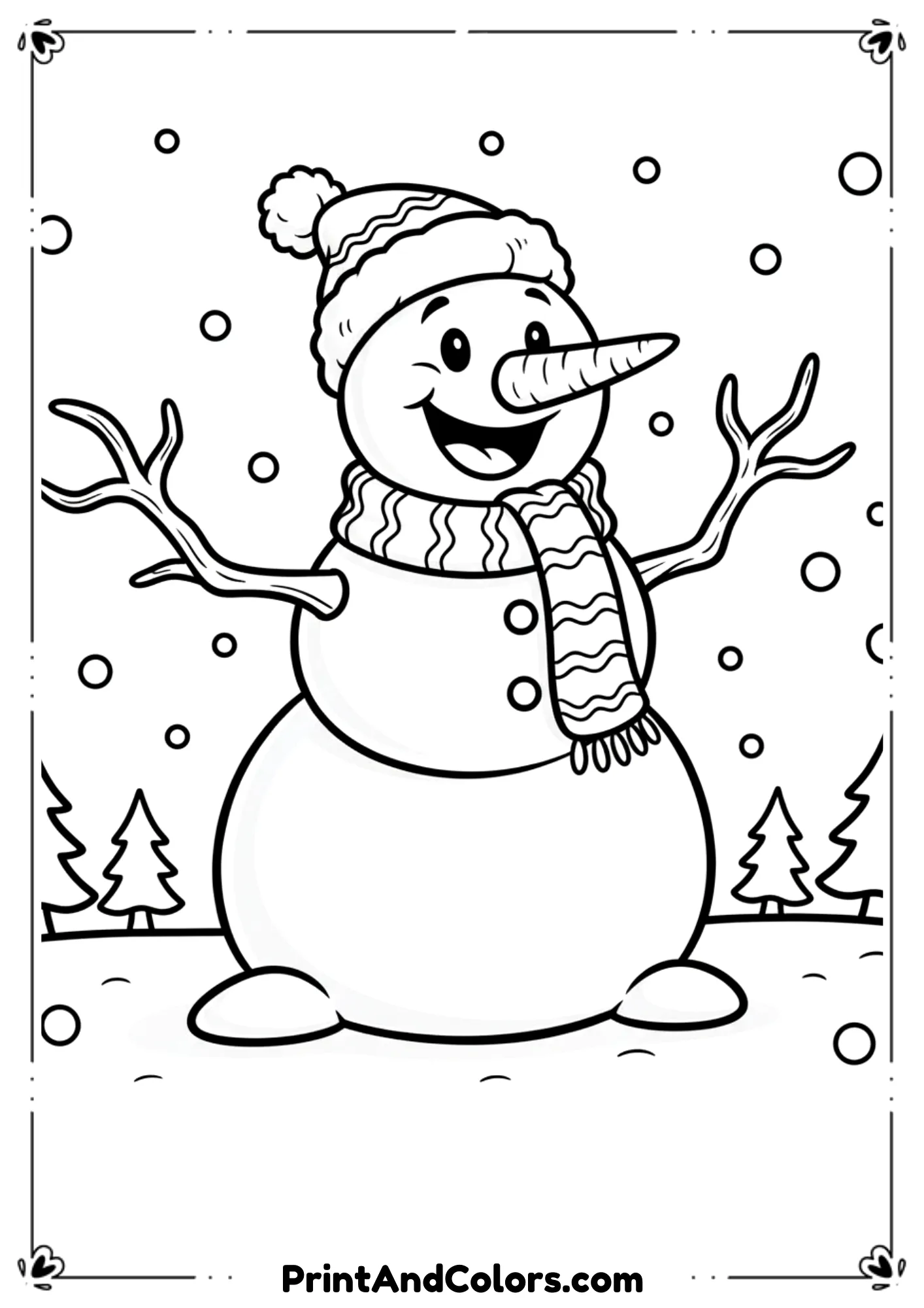 Cartoon-style snowman with exaggerated branch arms, big smile, carrot nose, and fluffy hat. Simple snow background.
