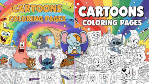 Cartoon characters like SpongeBob and Stitch peeking from colorful coloring pages with a rainbow background