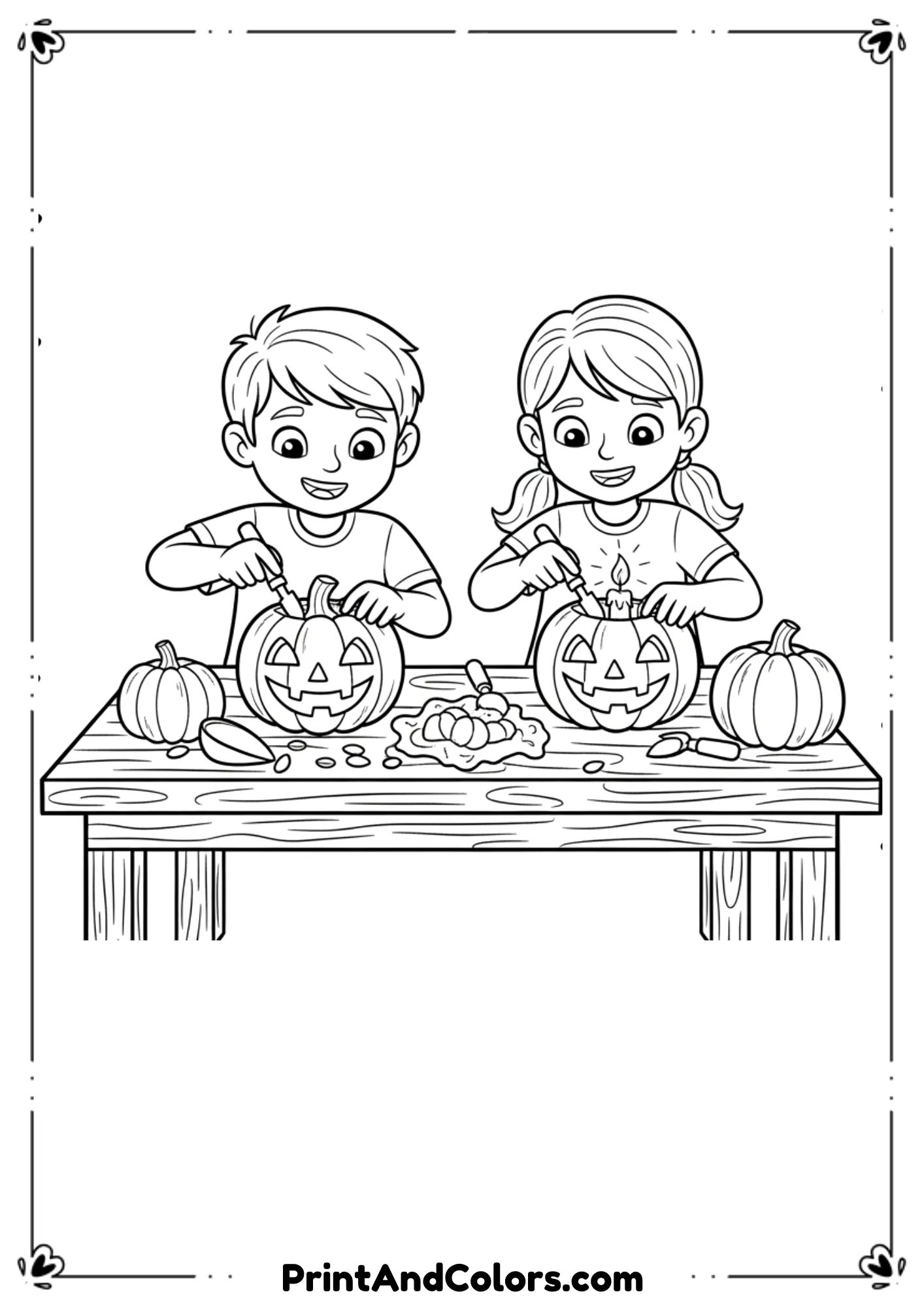 Kids carving pumpkins with happy faces, pumpkin tools, and candle inside in black-and-white outline.

