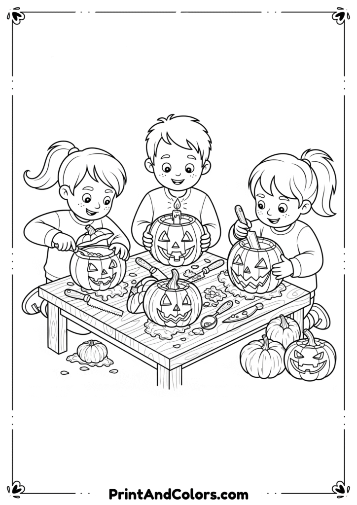 Kids carving pumpkins with happy faces, pumpkin tools, and candle inside in black-and-white outline.