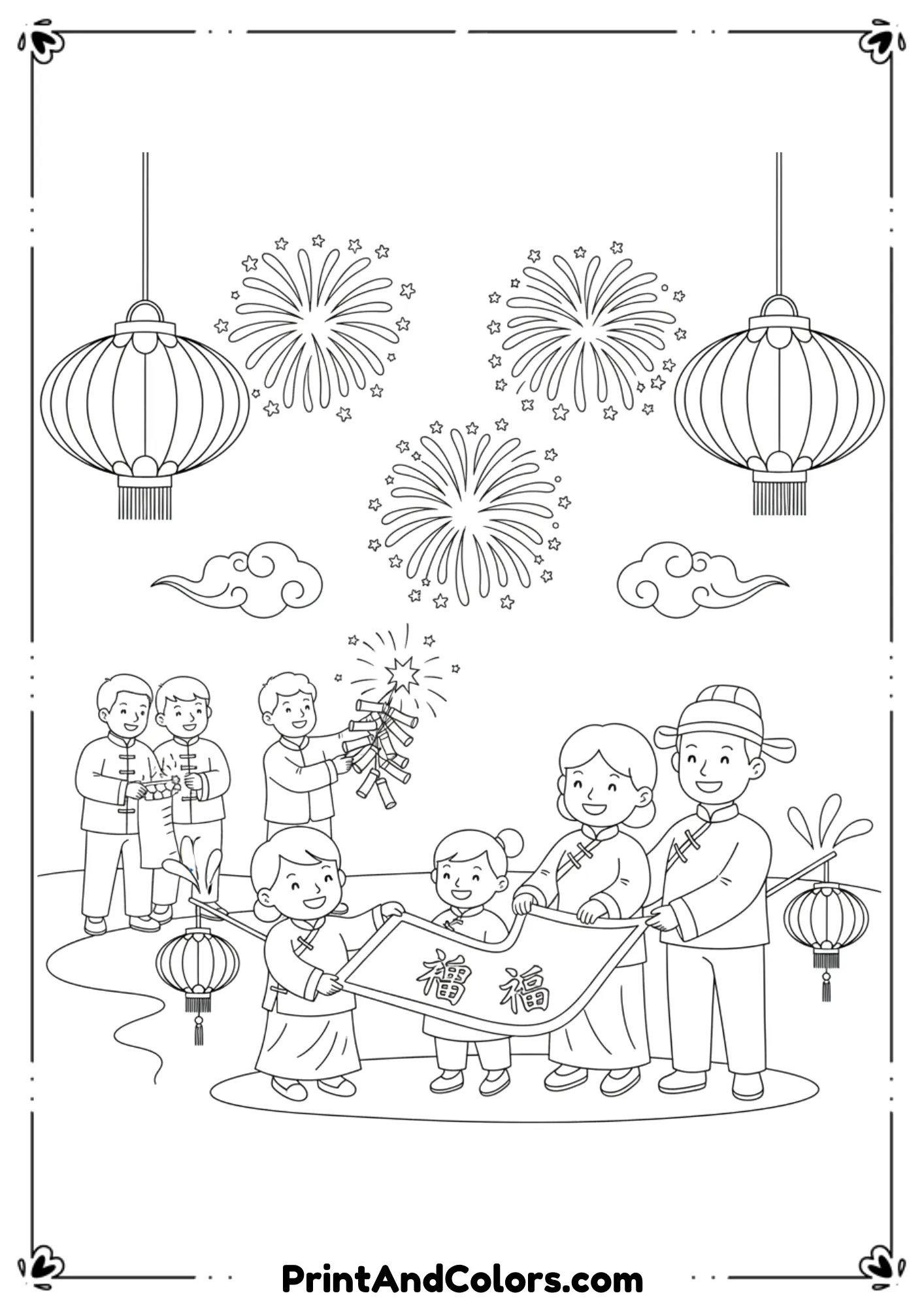 Black and white illustration showing people celebrating Chinese New Year with lanterns, fireworks, banners, and traditional clothing. Friendly cartoon style, bold outlines, simple background, easy-to-color composition.
