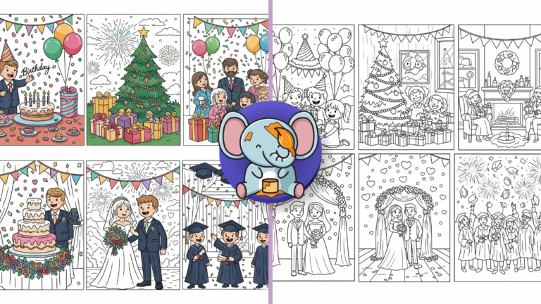 Celebrations coloring page featuring various festive events like birthdays, weddings, and holidays in cartoon style.