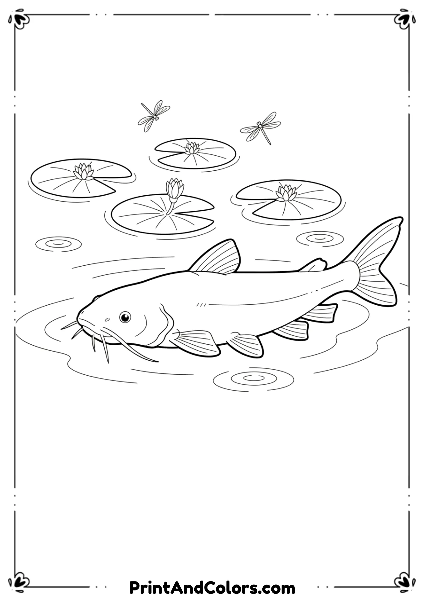 Line-art channel catfish with whiskers, swimming under lily pads on a calm pond. Add ripples and small dragonflies. Clear outlines, no shading.