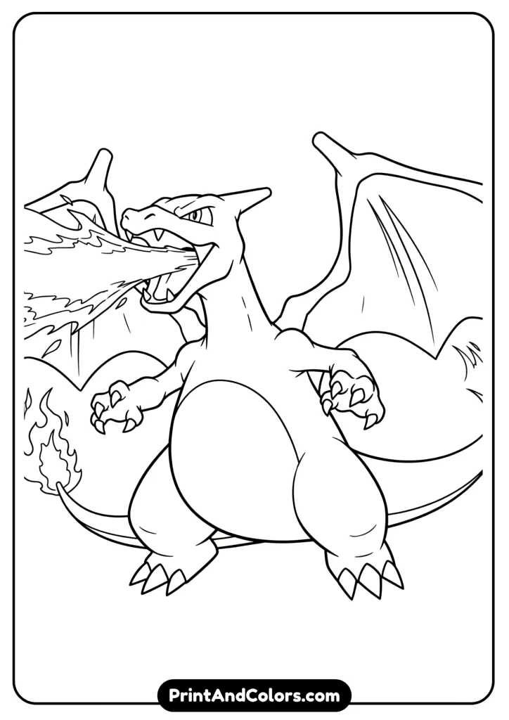 Charizard breathing fire – epic Pokemon coloring page.
