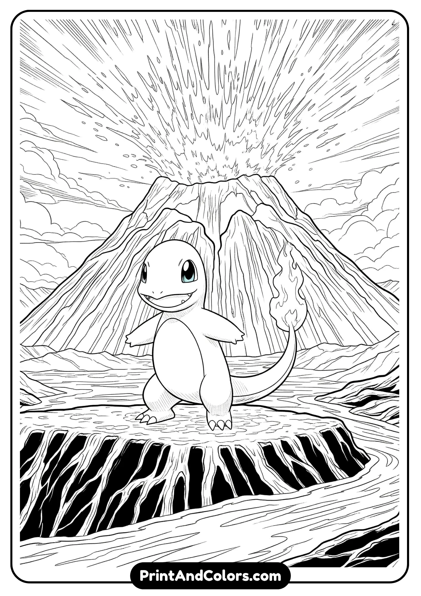 Charmander with erupting volcano behind, dramatic coloring page