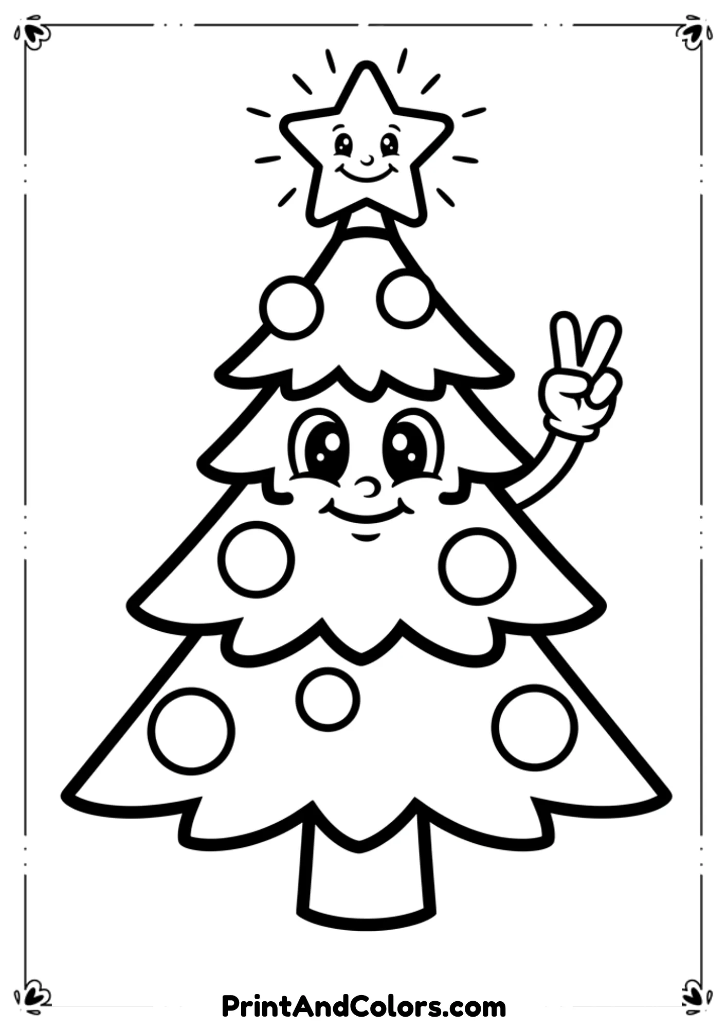  Cartoon Christmas tree with a smiling face, expressive eyes, and one branch raised making a peace sign. Simple ornaments, star on top, fun kids’ line-art.
