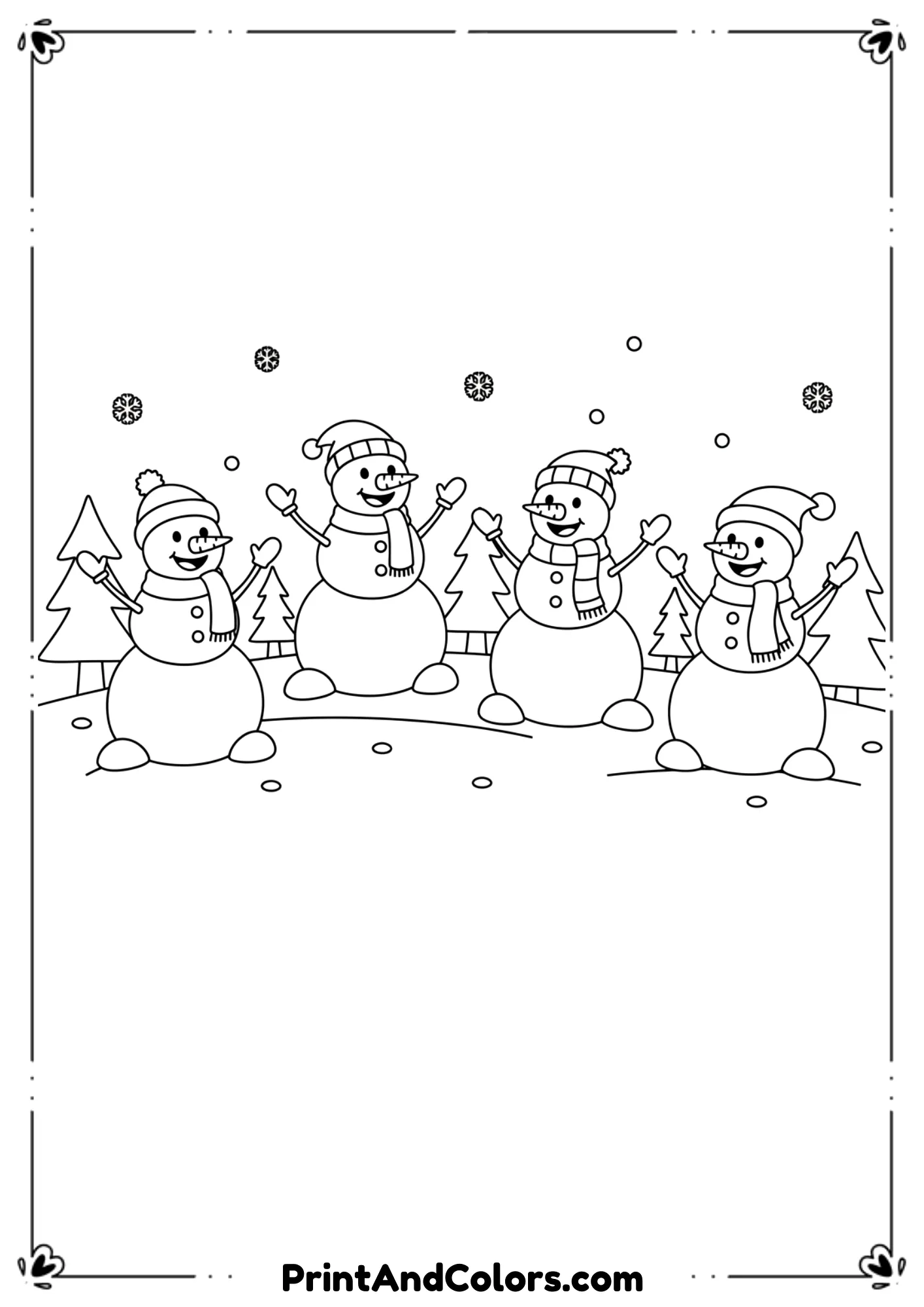 Group of cheerful snowmen waving and smiling, standing in a snowy field. Minimal background, perfect for kids.
