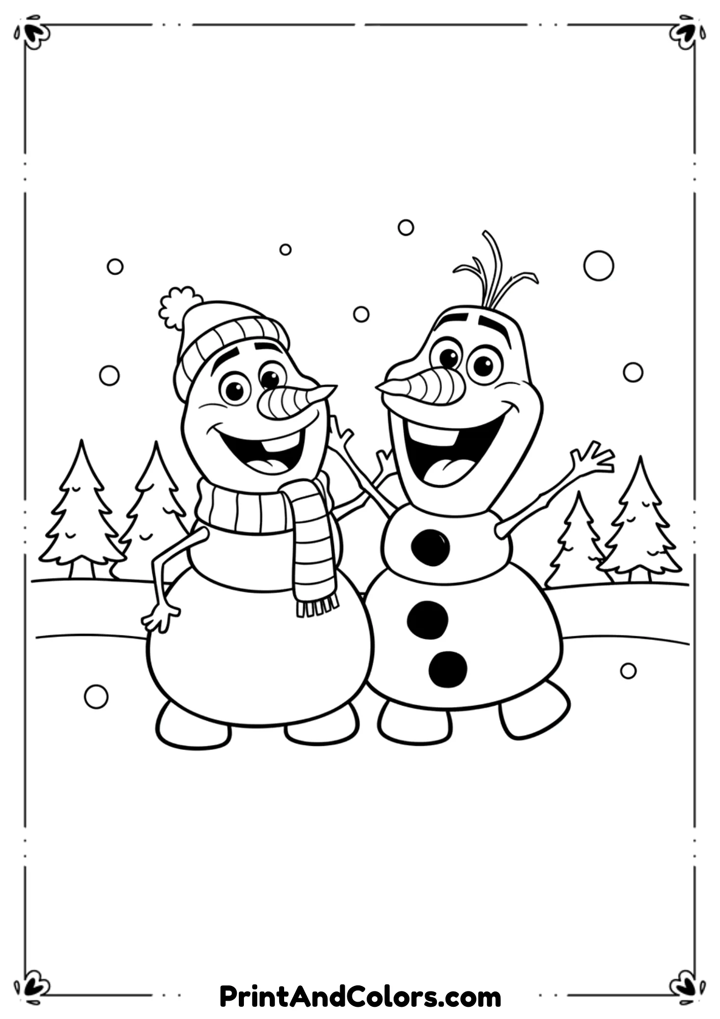 Black and white line art of Olaf (snowman character) joyfully standing next to another cute snowman. Friendly Disney-style outlines.