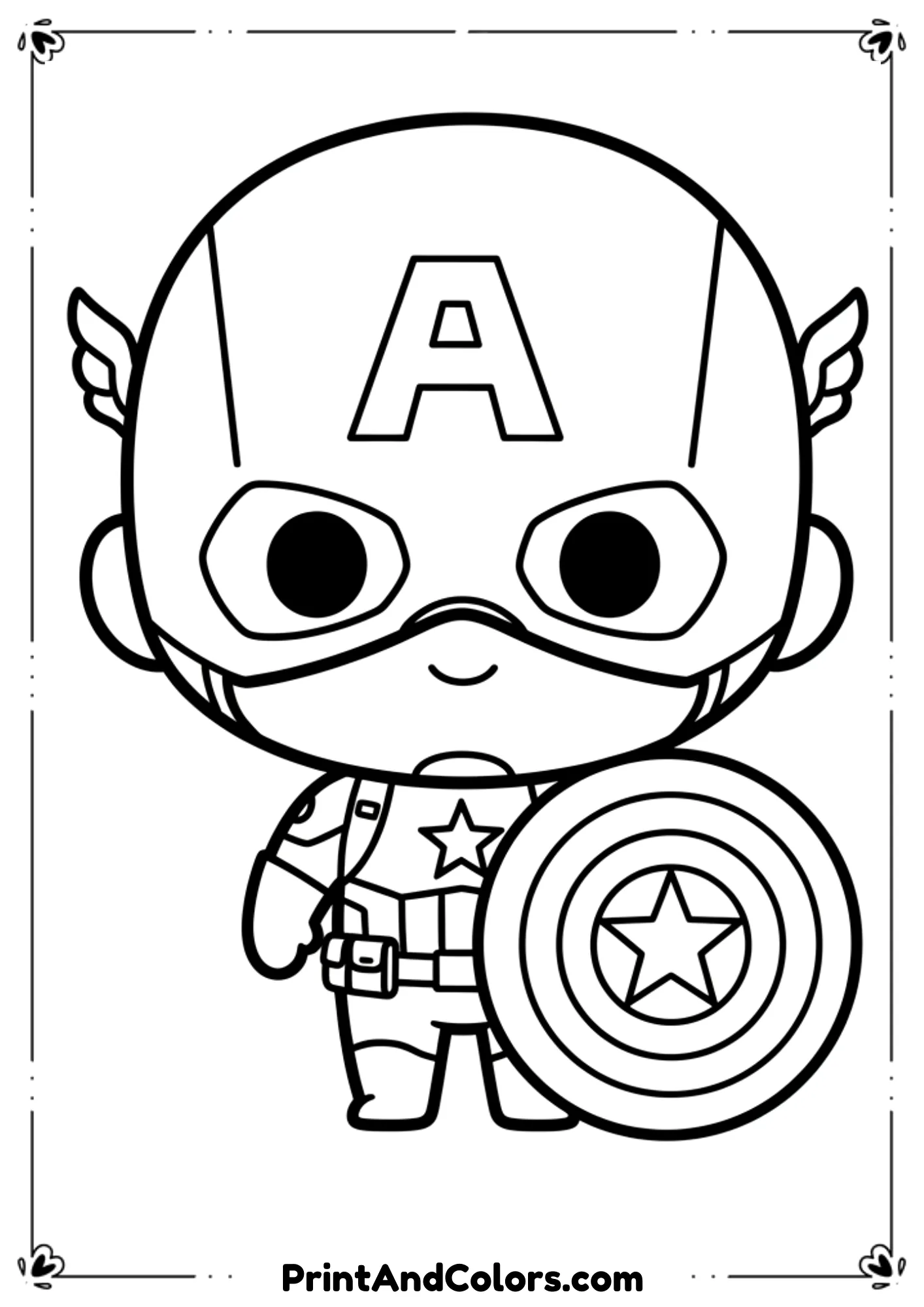 Adorable chibi Captain America holding a shield, large head small body, cartoon outlines.
 
