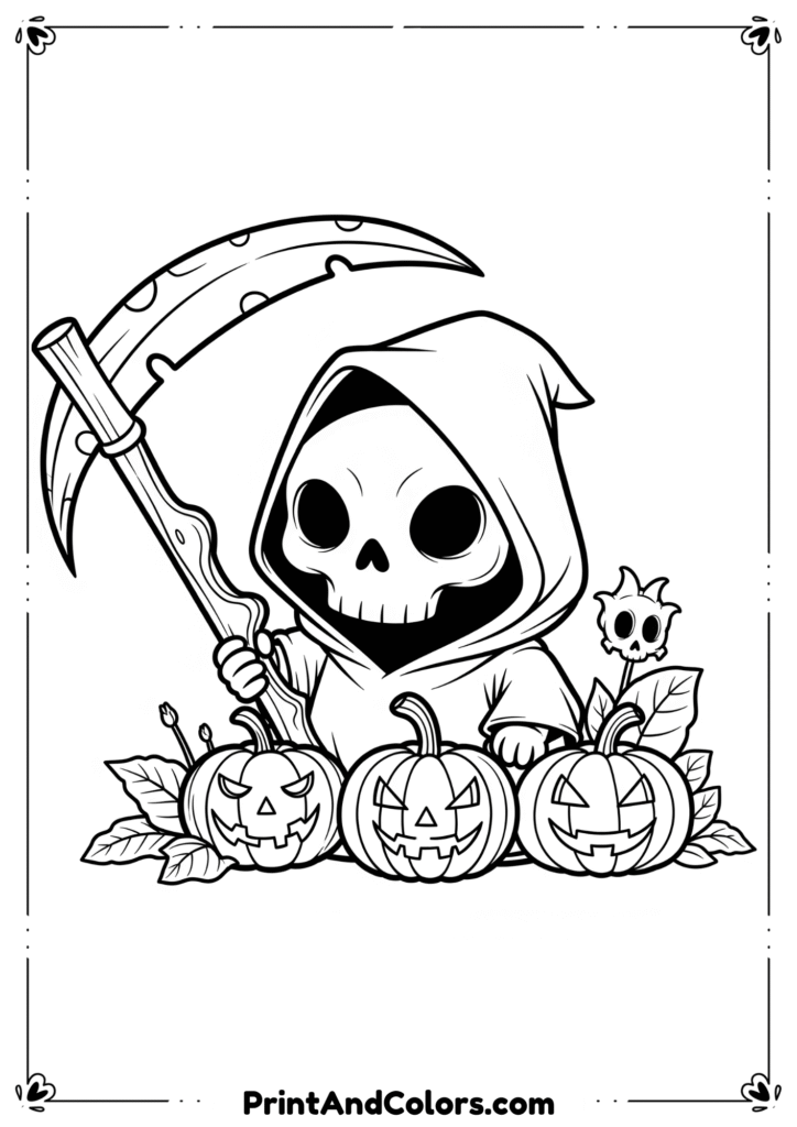 Cute chibi Grim Reaper holding a small scythe, smiling, surrounded by stars and pumpkins in line art.