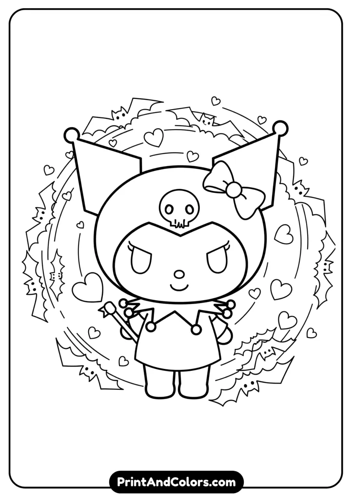 Cute chibi Kuromi surrounded by bats and hearts, kawaii cartoon outlines in black and white.