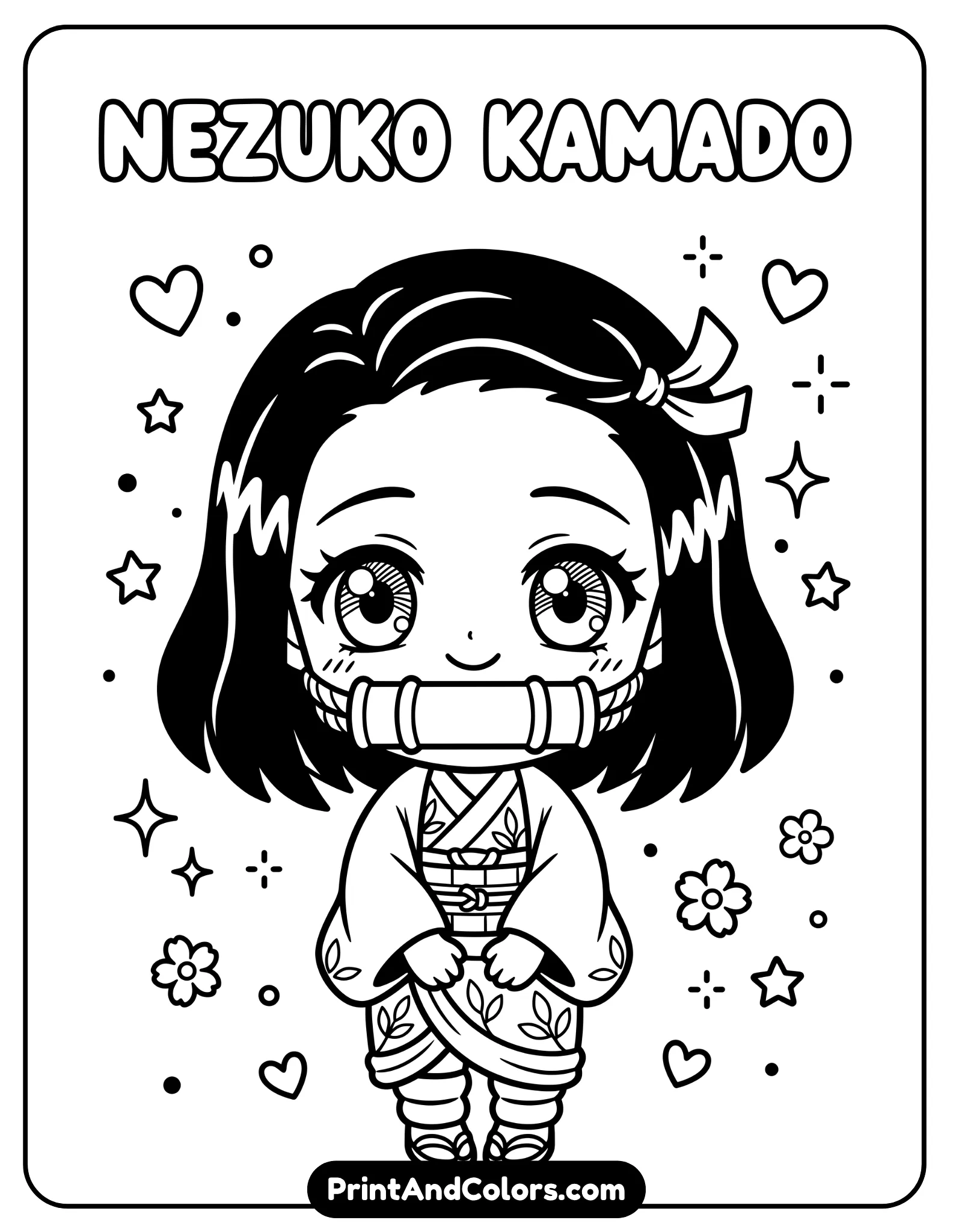 Cute chibi version of Nezuko Kamado, oversized head and small body, big expressive eyes, simple kimono details, minimal background with hearts and stars, thick clean outlines for kids coloring