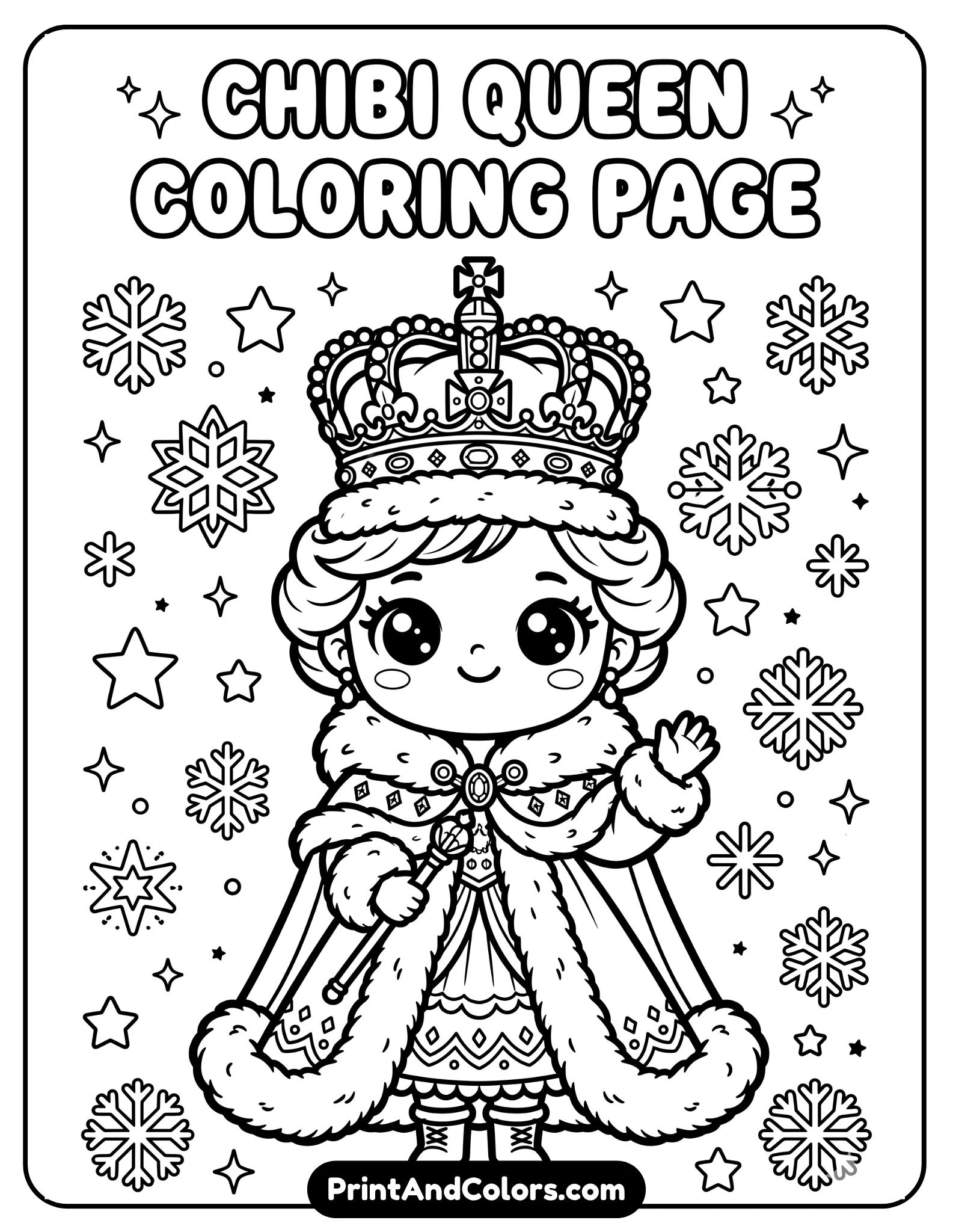 Cute chibi Queen Elsa coloring page with oversized eyes, tiny body, royal crown, and fluffy winter cape, surrounded by simple snowflakes and stars, black and white line art with bold thick outlines, easy printable coloring page for preschoolers