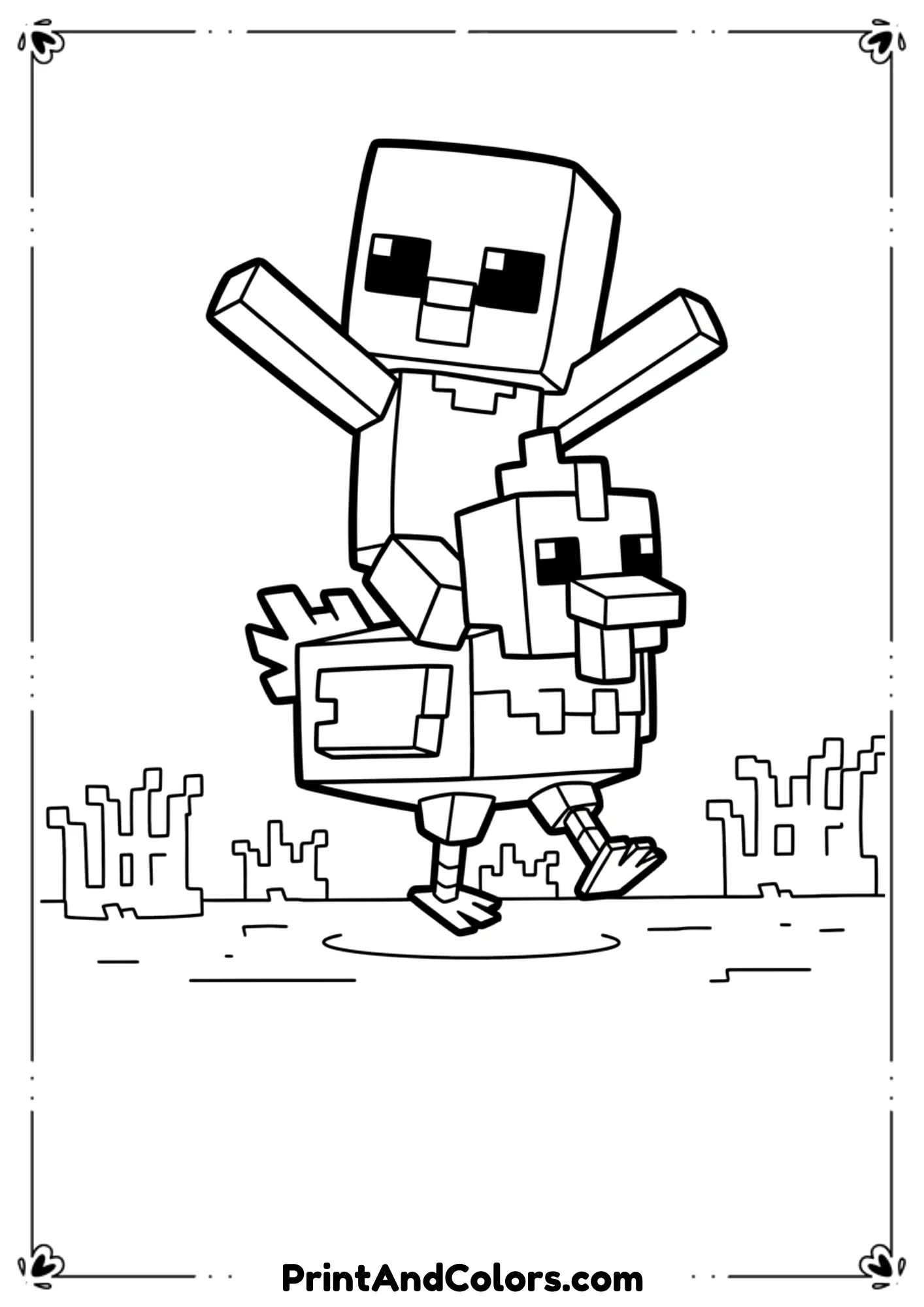  Black and white line drawing of a Minecraft baby zombie riding a chicken, fun playful pose, bold outlines, no shading, printable coloring page for kids.
