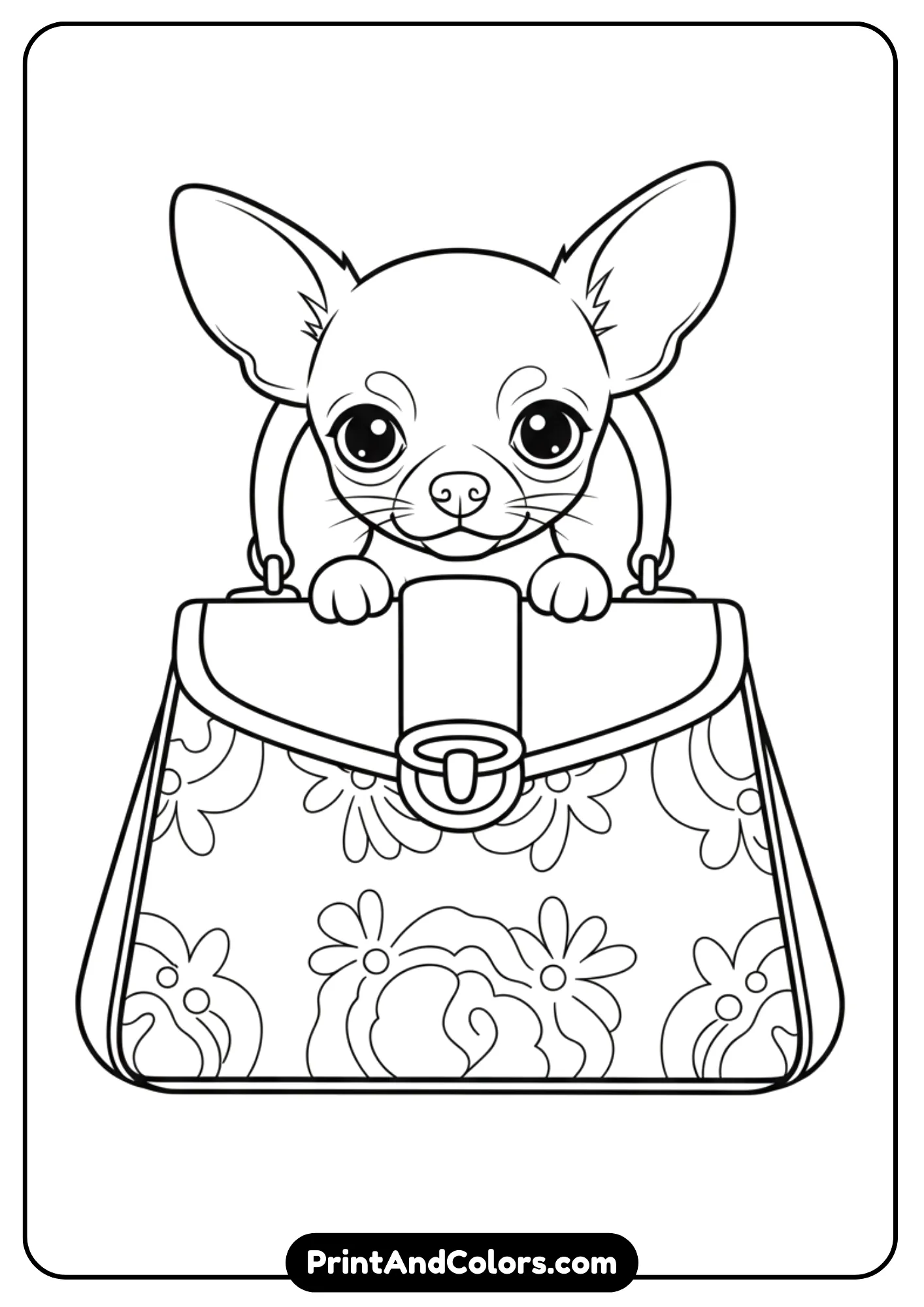 Line art of a small Chihuahua puppy peeking out of a handbag, drawn in simple black and white outlines for coloring.