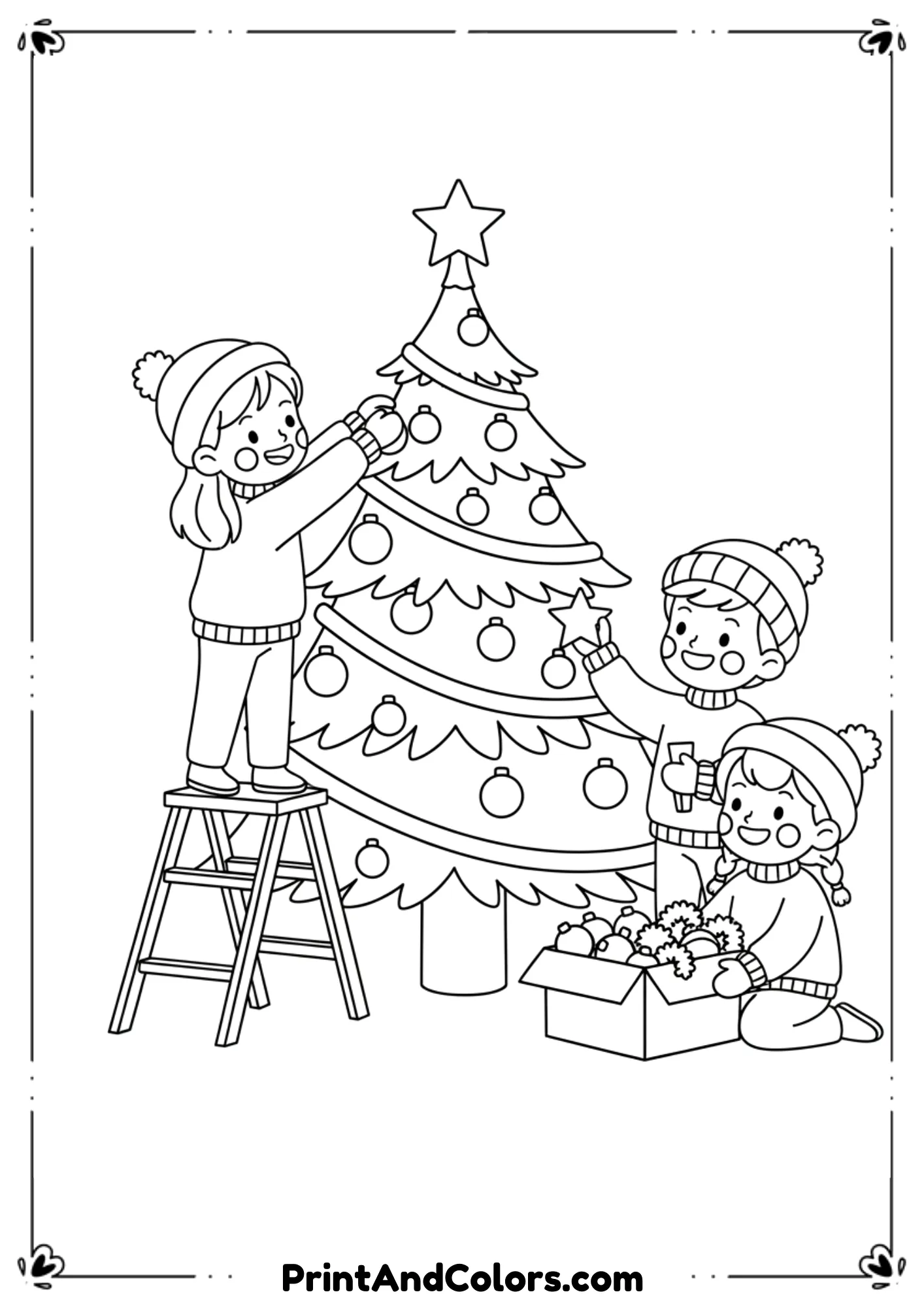 Two or three children happily placing ornaments on a tall Christmas tree, one holding a box of decorations, another placing a star. Cute cartoon style with clean outlines.