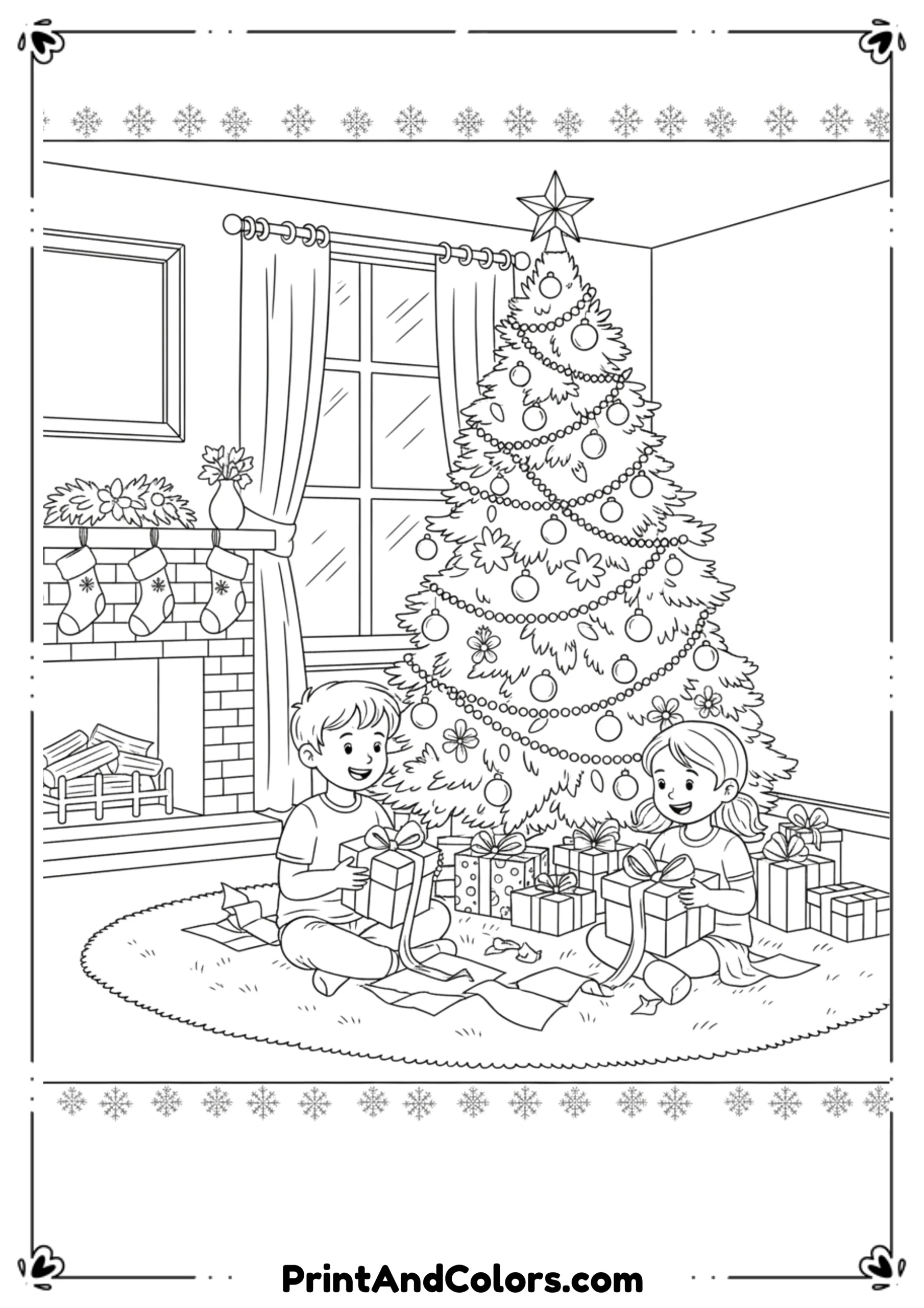 Outline drawing of children opening gifts under a Christmas tree with stockings in the background.

