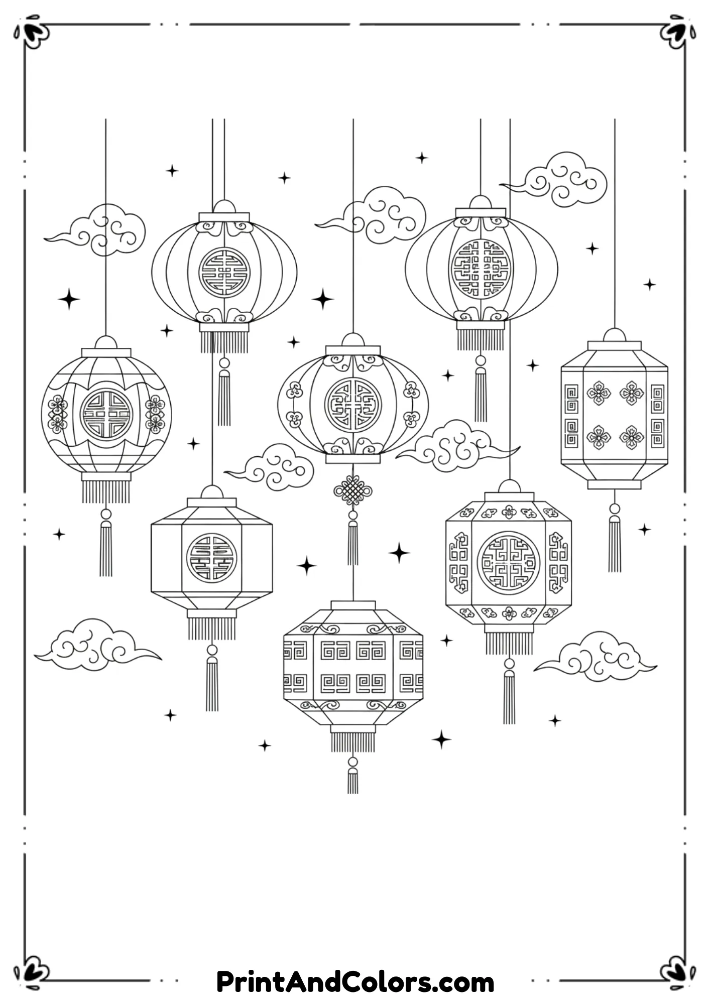 Black and white line art featuring multiple hanging Chinese lanterns of different shapes and sizes, with clouds and stars around them. Clean outlines, decorative patterns on lanterns, no shading, printable coloring sheet.
