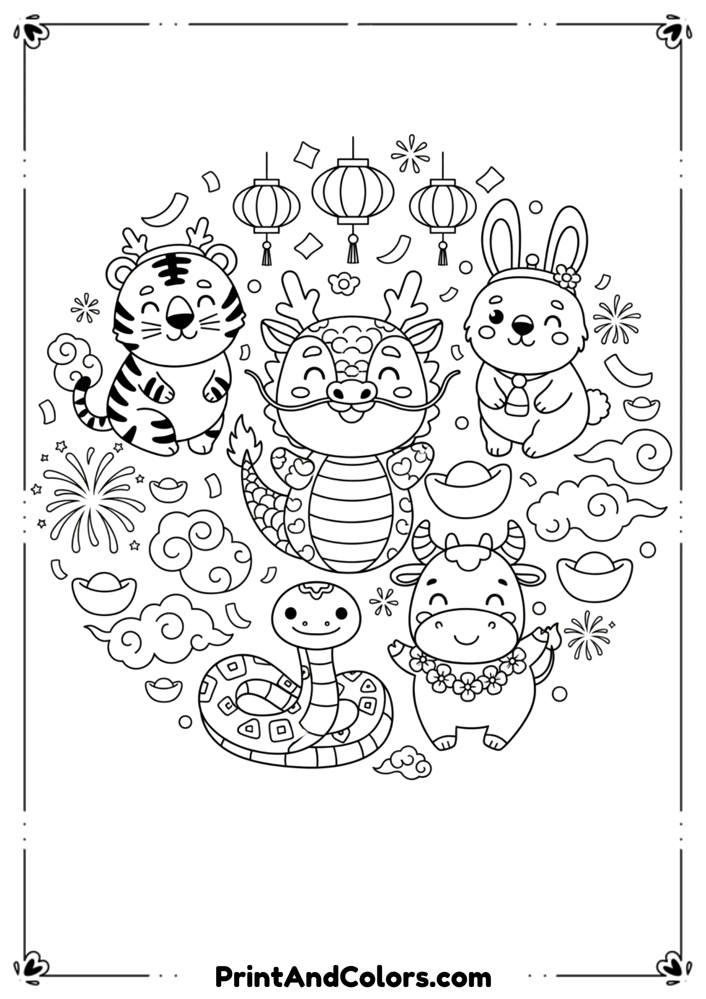  Black and white coloring page showing multiple cute Chinese New Year zodiac animals like dragon, tiger, rabbit, snake, and ox, arranged in a friendly layout. Cartoon style, bold outlines, no shading.

