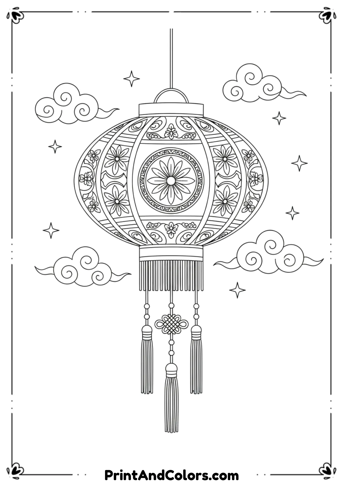  Single large lantern in black and white line art with decorative patterns, tassels, and simple background clouds. Clean outlines, no shading, focused design for easy coloring.