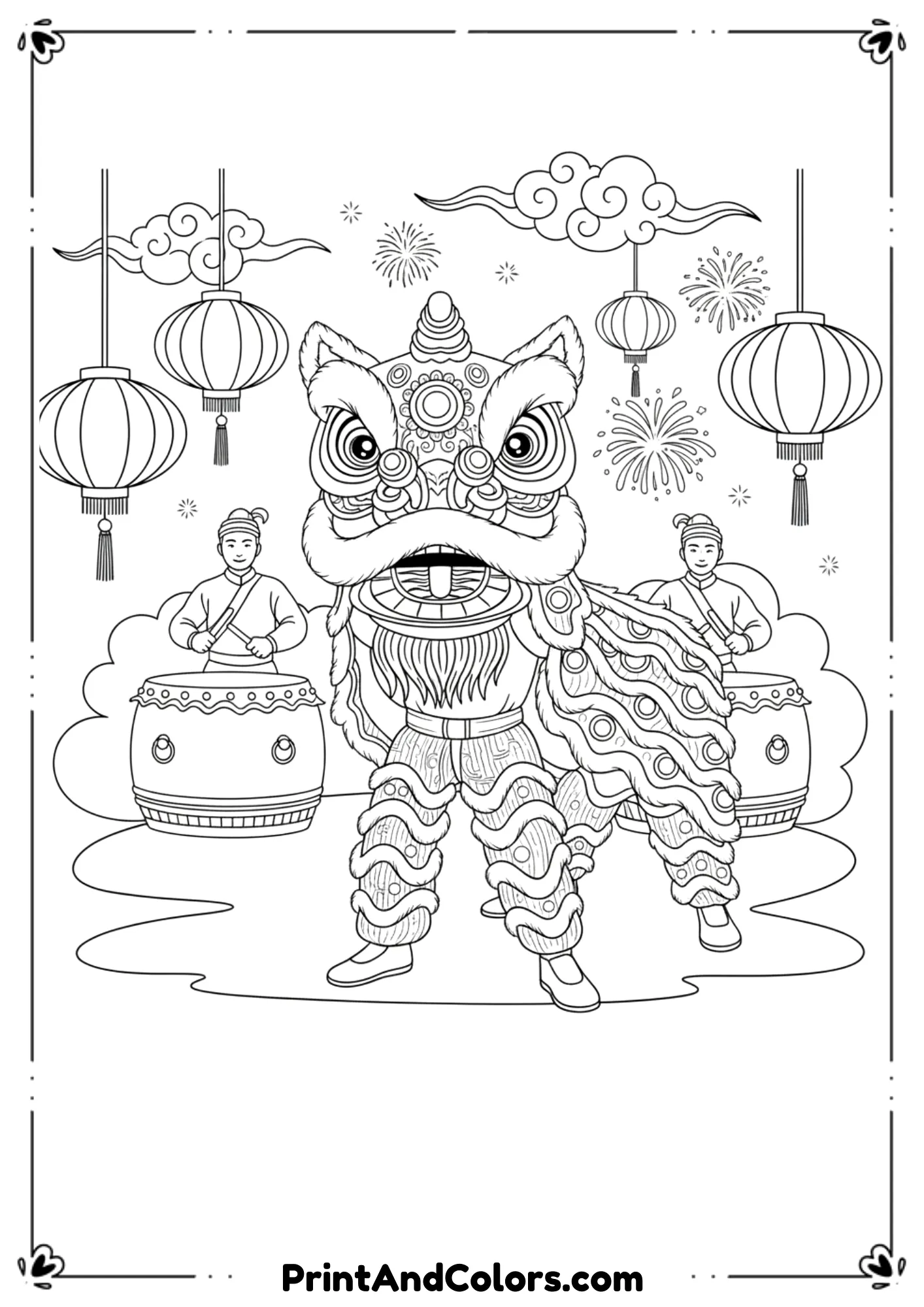 Black and white line art of a traditional Chinese lion dance with dancers inside the lion costume, decorative patterns, drums, and lanterns in the background. Clear cultural details, bold outlines, no shading, printable coloring page format.
