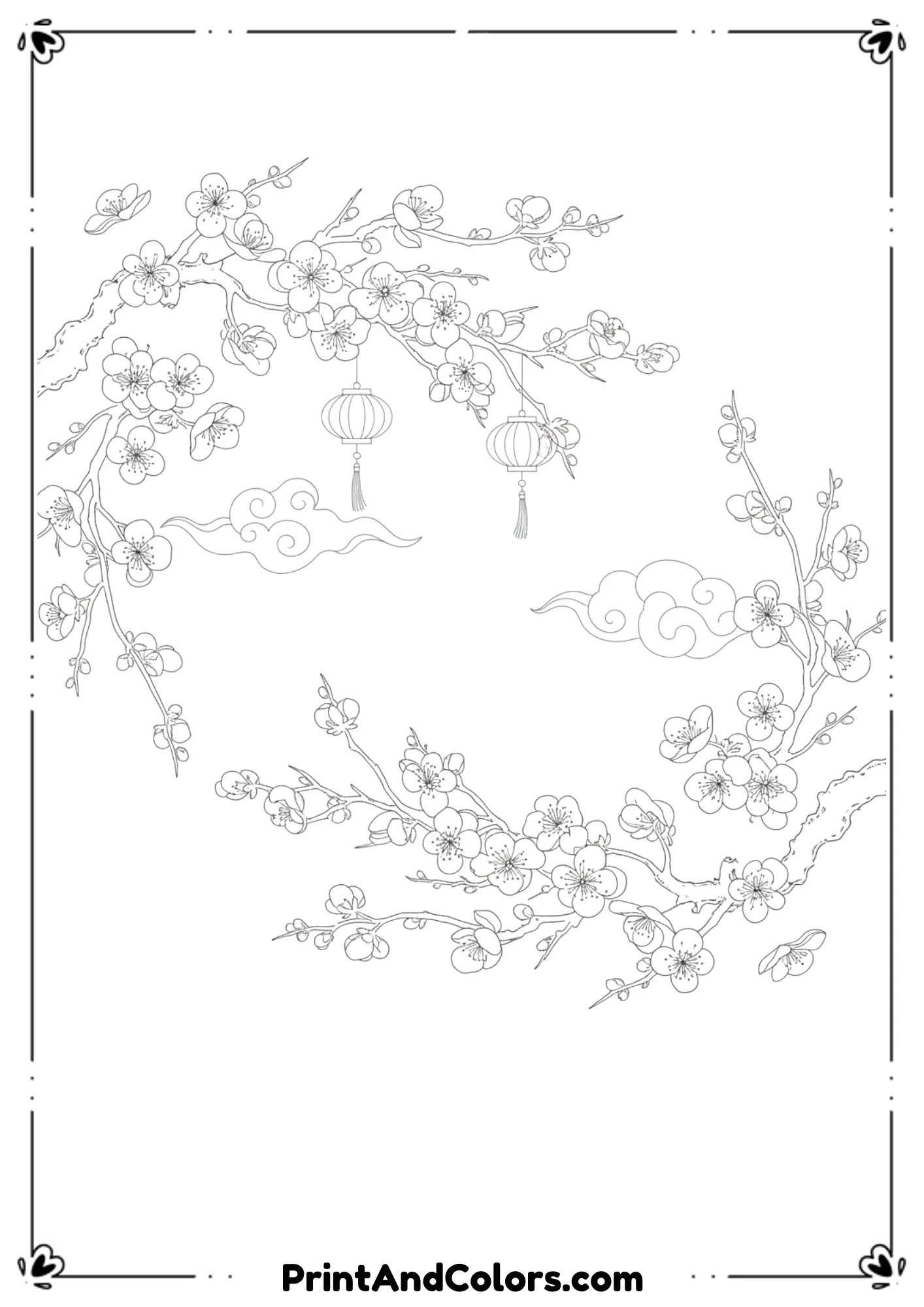  Elegant black and white line drawing of plum blossom branches with flowers blooming, combined with subtle Chinese New Year elements like lanterns or clouds. Fine but clear outlines, no shading, calm and artistic coloring page.
