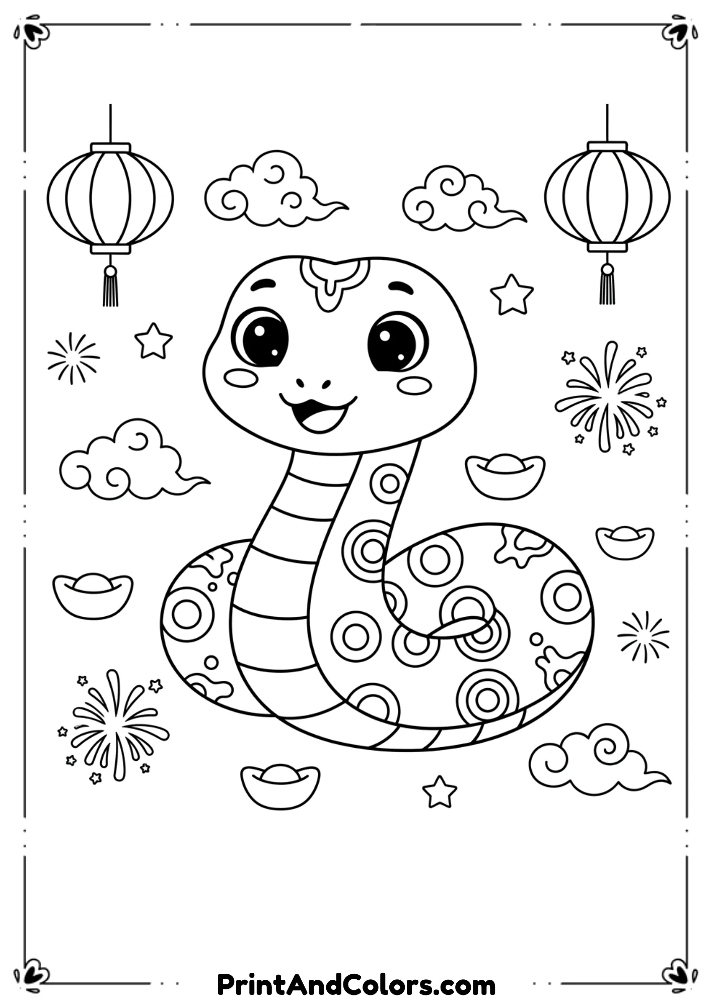  Black and white line art of a friendly snake representing Chinese New Year, decorated with simple patterns, surrounded by lanterns, clouds, and festive elements. Clean outlines, no shading, suitable for children.
