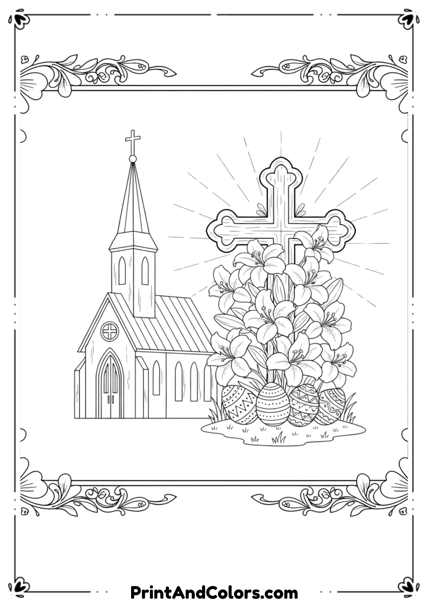  Line art of a church, cross, and Easter lilies symbolizing resurrection.