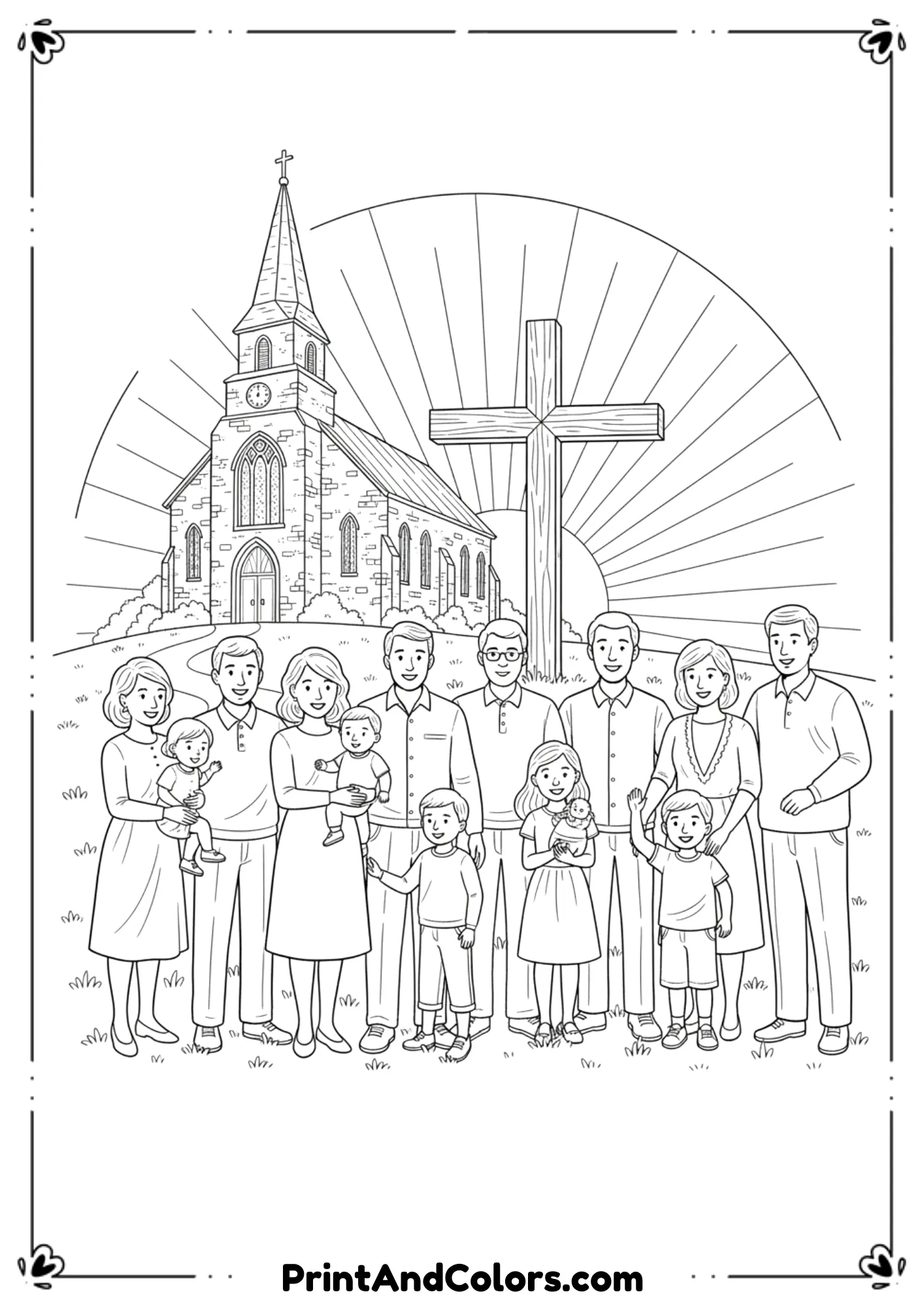 Line art of a church, a large cross, sunrise in the background, and families gathered to celebrate Easter Sunday.
