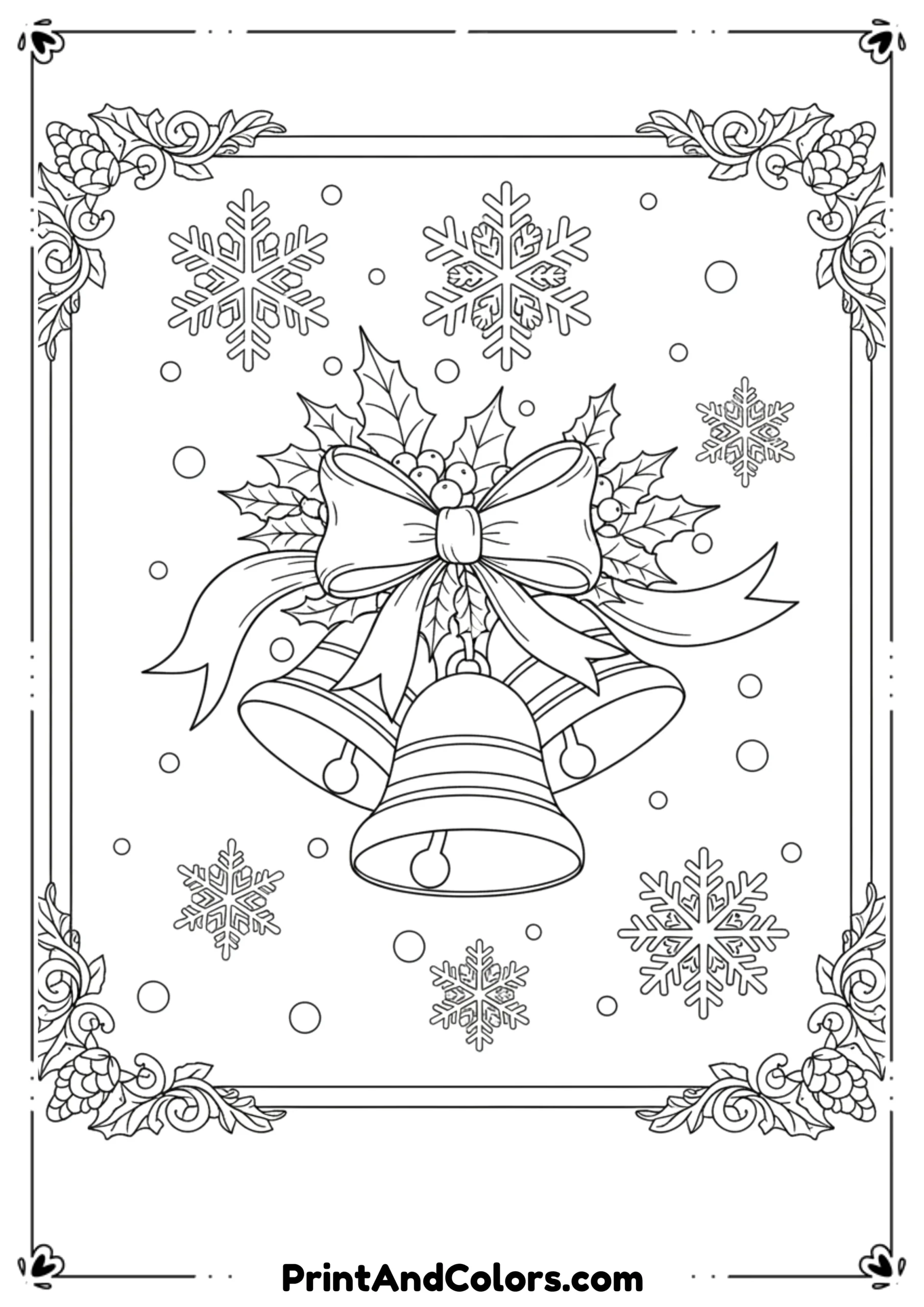 Outline of festive Christmas bells with ribbons, holly leaves, and snowflakes.
