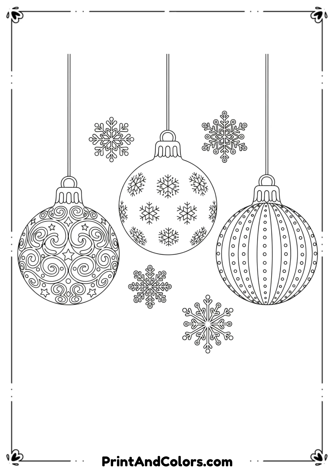 Black and white drawing of hanging Christmas bulbs with patterns and snowflakes.
