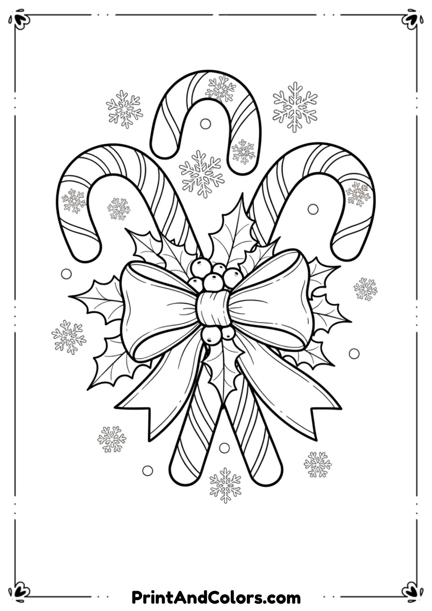  Black and white outline of candy canes decorated with bows, holly leaves, and snowflakes.
