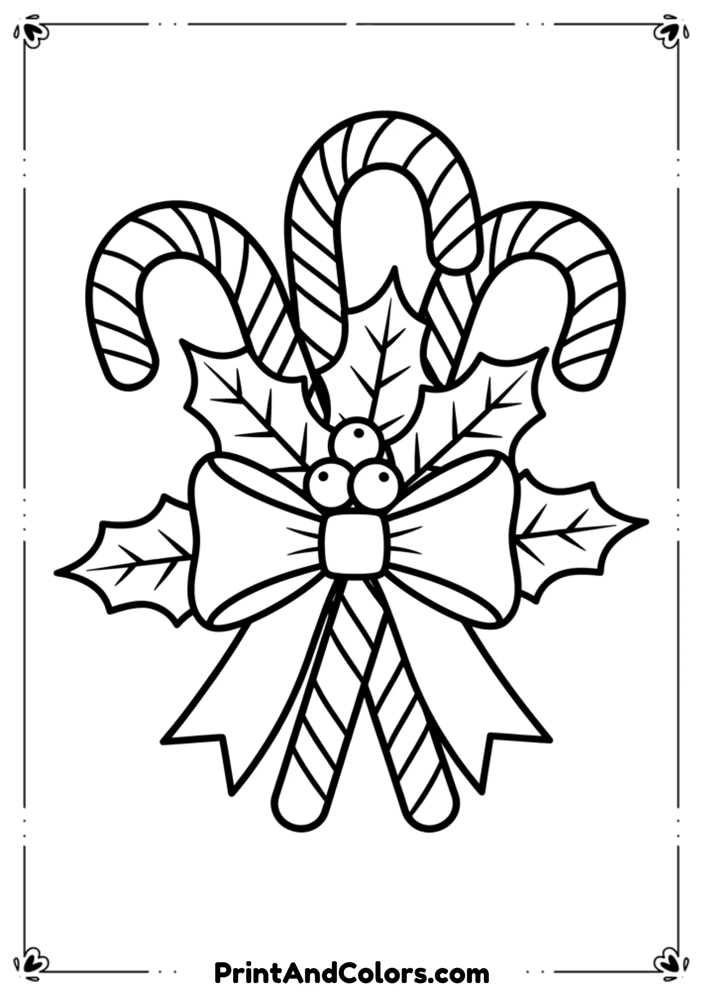 Black and white line art of Christmas candy canes with bows and holly leaves, simple outlines for kids to color.
