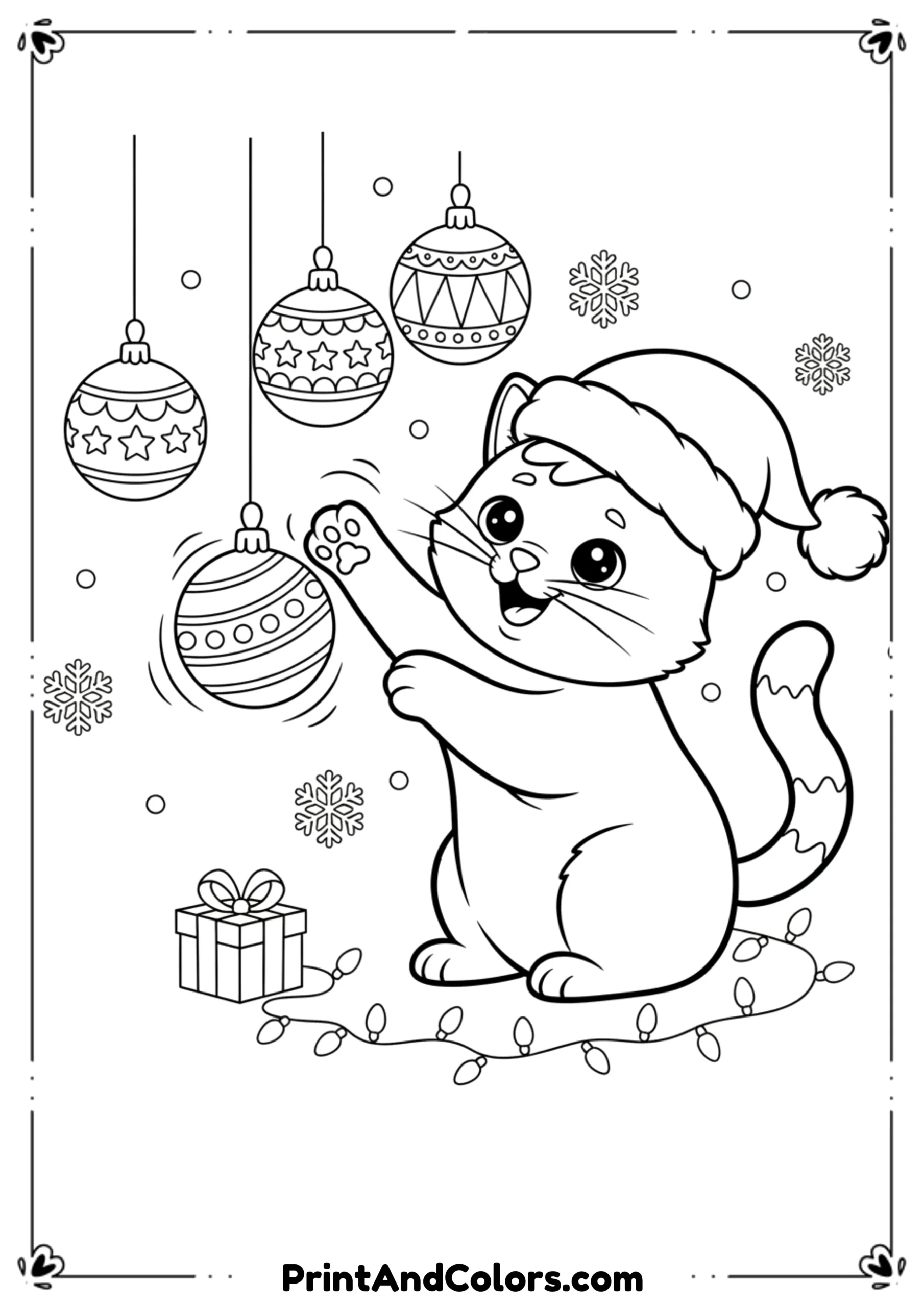  Line art of a cute cat wearing a Santa hat playing with Christmas ornaments.
