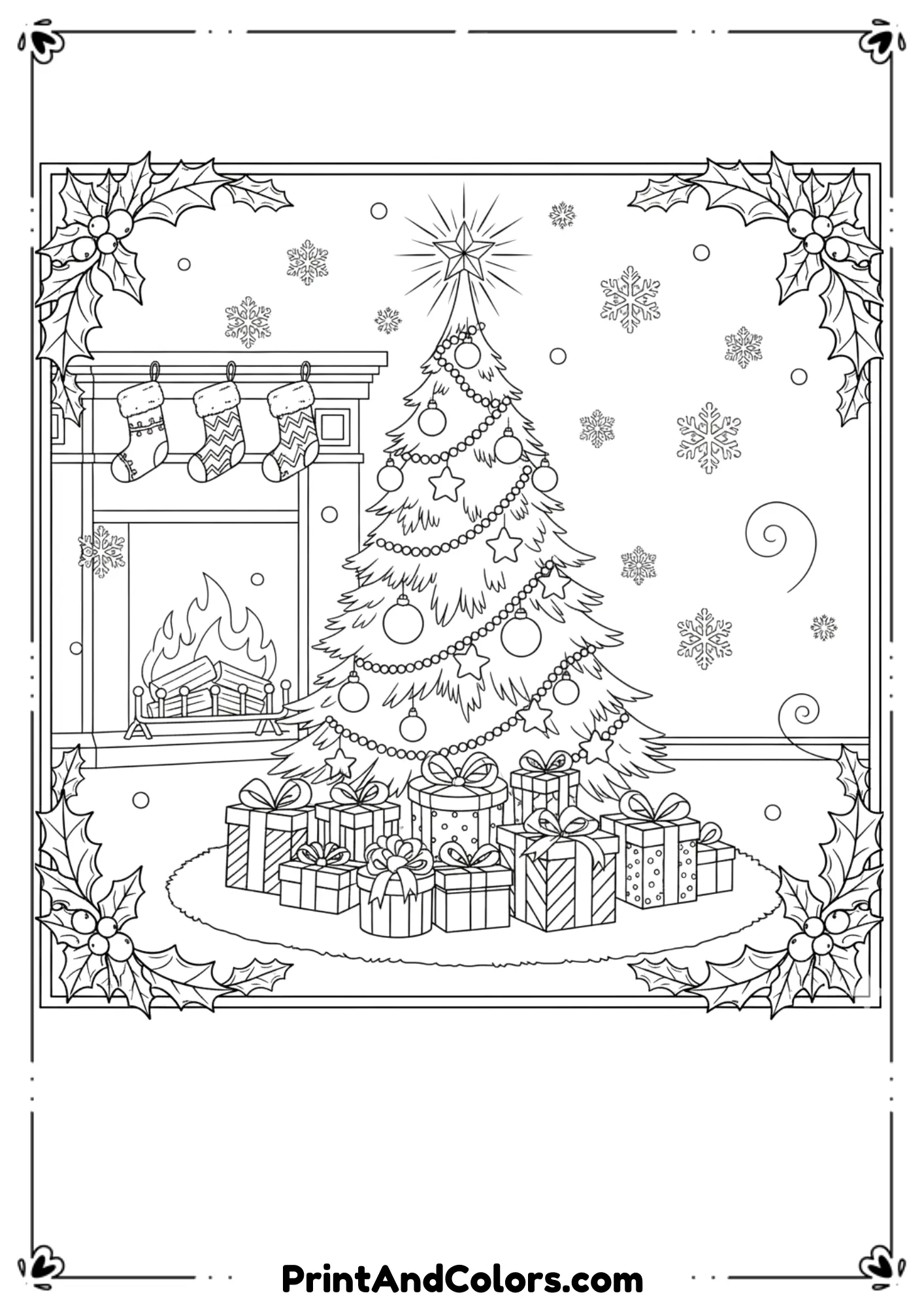 A festive black and white line art scene featuring Christmas elements such as a decorated tree, stockings, presents, and snowflakes, designed in a detailed outline style for coloring pages.