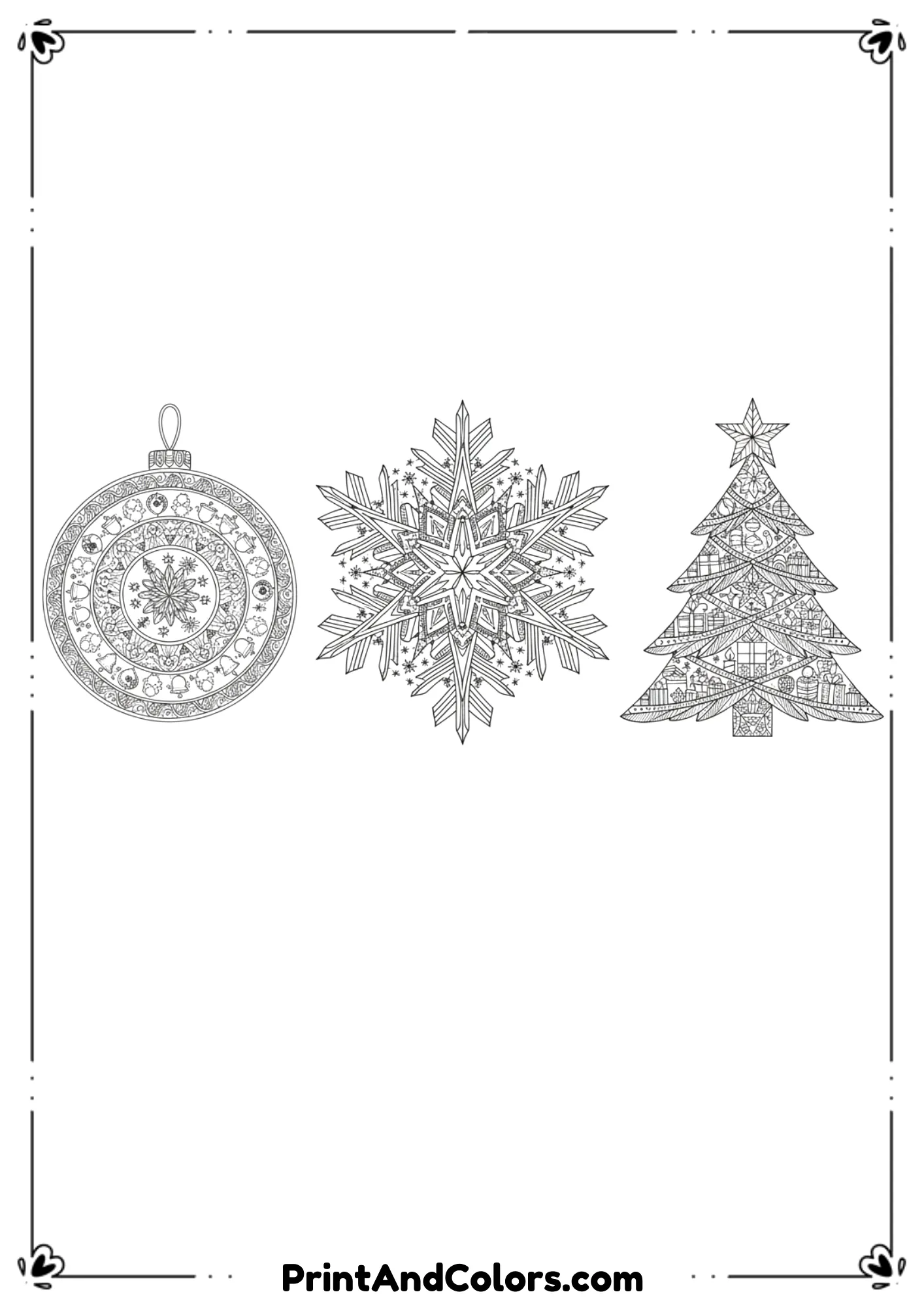  Intricate and detailed line art mandala-style Christmas designs including ornaments, snowflakes, and trees for adults.
