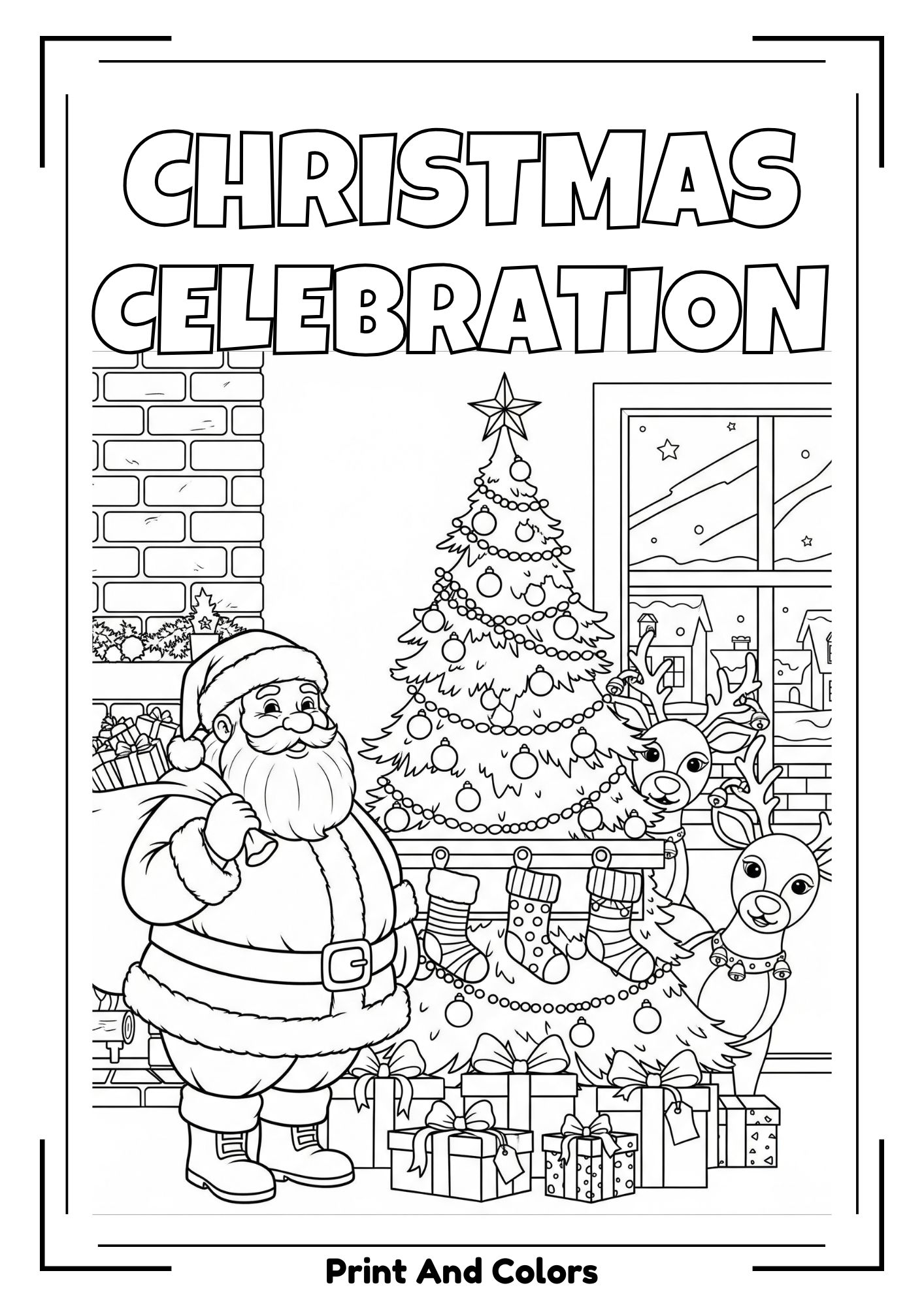Christmas coloring page with Santa, tree, gifts, and snowy holiday decorations.
