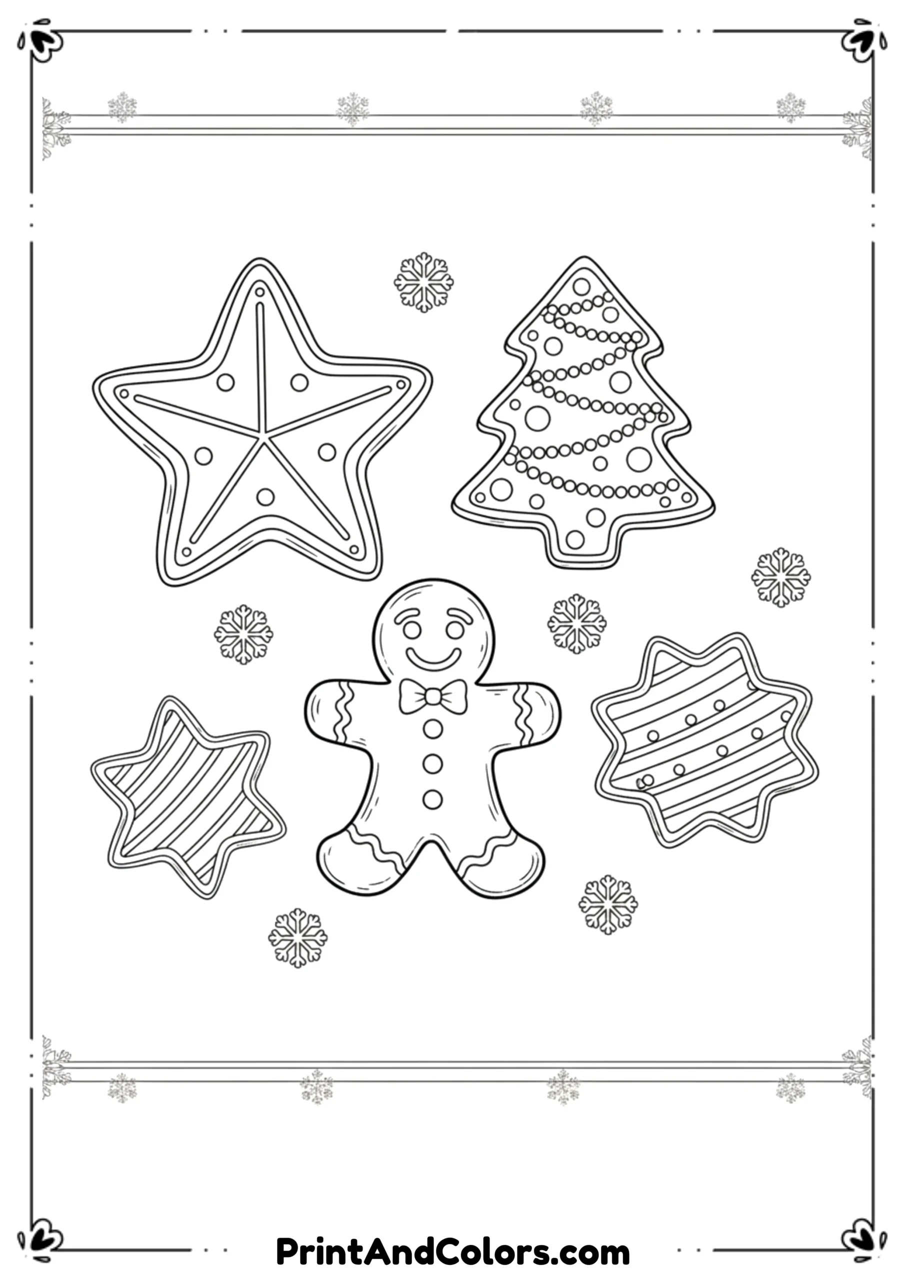 Line art of Christmas cookies shaped like stars, trees, and gingerbread men.