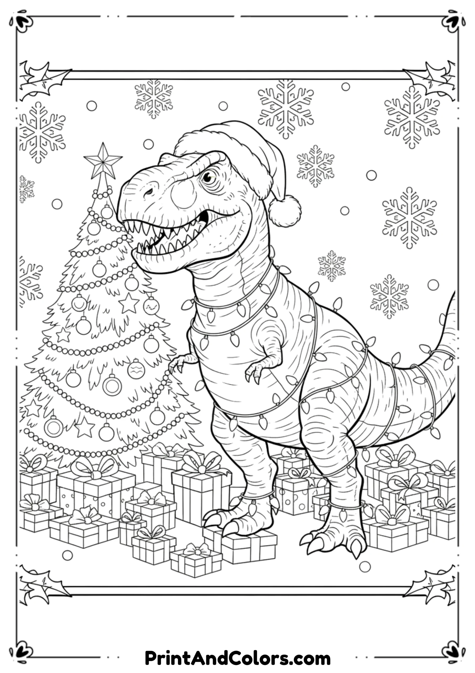 Fun outline of a dinosaur wearing a Santa hat, surrounded by Christmas lights, presents, and a festive tree.
 Alt Text: Christmas dinosaur colo