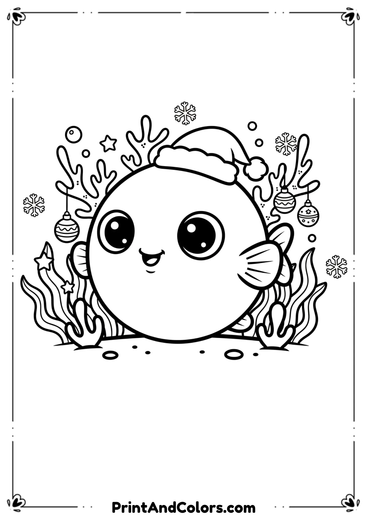 Cute fish wearing a tiny Santa hat, Christmas ornaments hanging from coral, and floating snowflake shapes underwater. Fun holiday theme.
