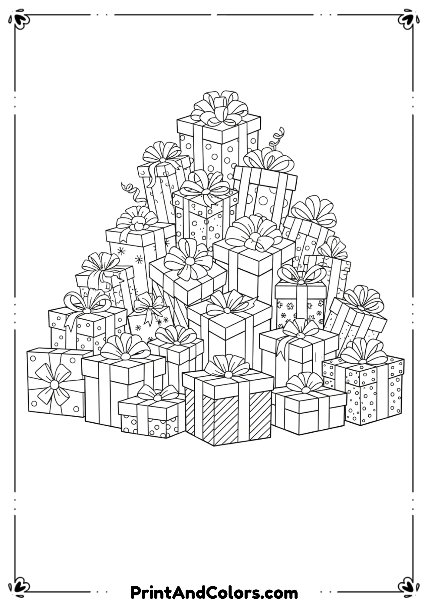 Black and white outline of wrapped Christmas presents with bows and ribbons.
