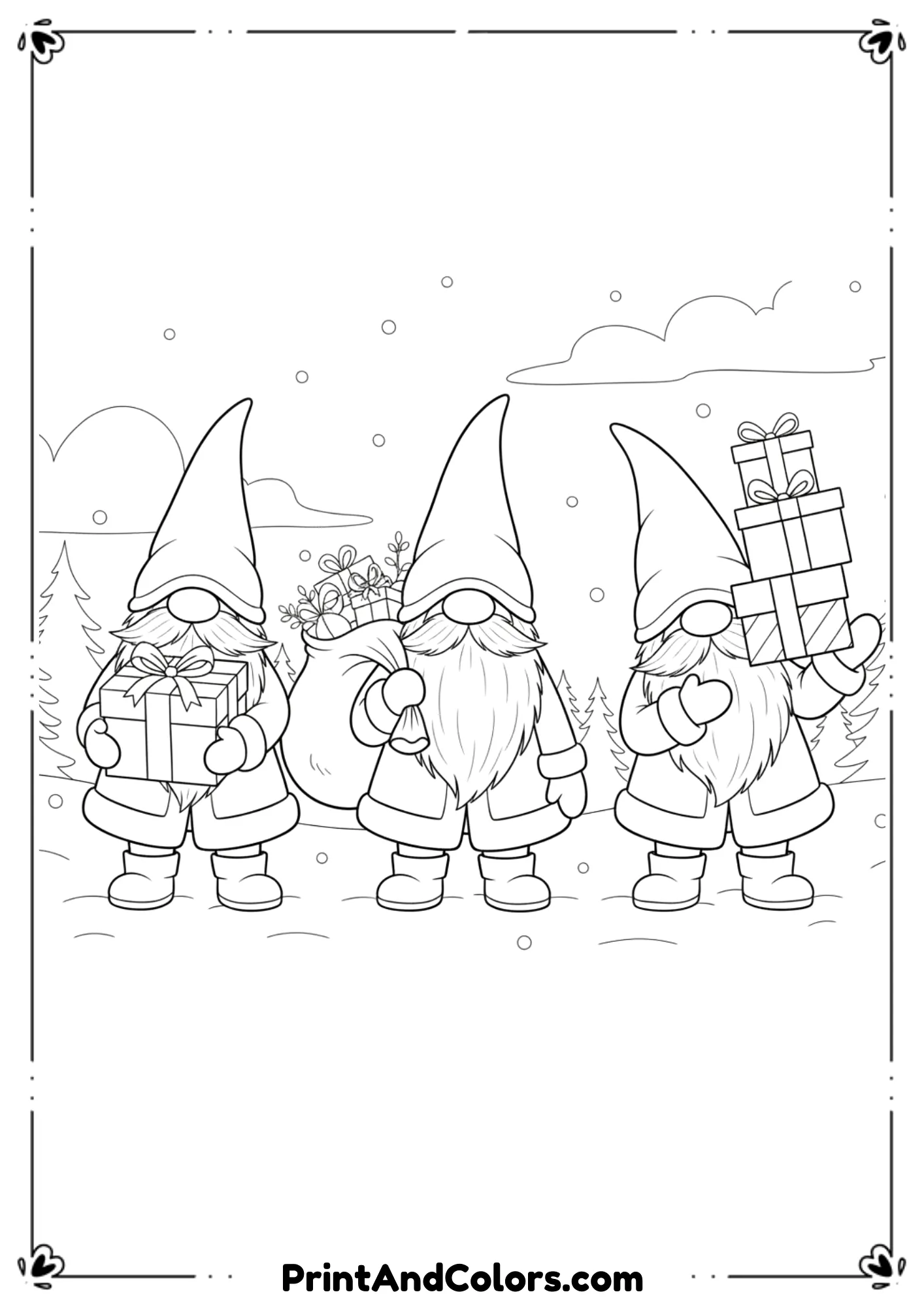  Line art of Christmas gnomes with tall hats, carrying gifts, standing in snow.
