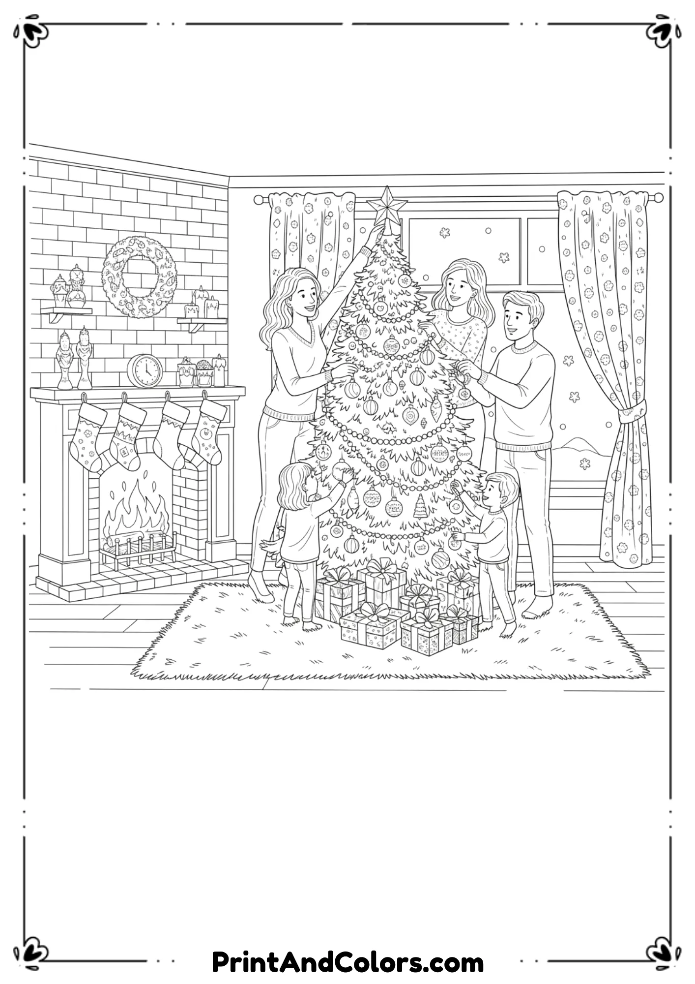Black and white line art of a Christmas holiday scene with family decorating a tree, stockings, and gifts.
