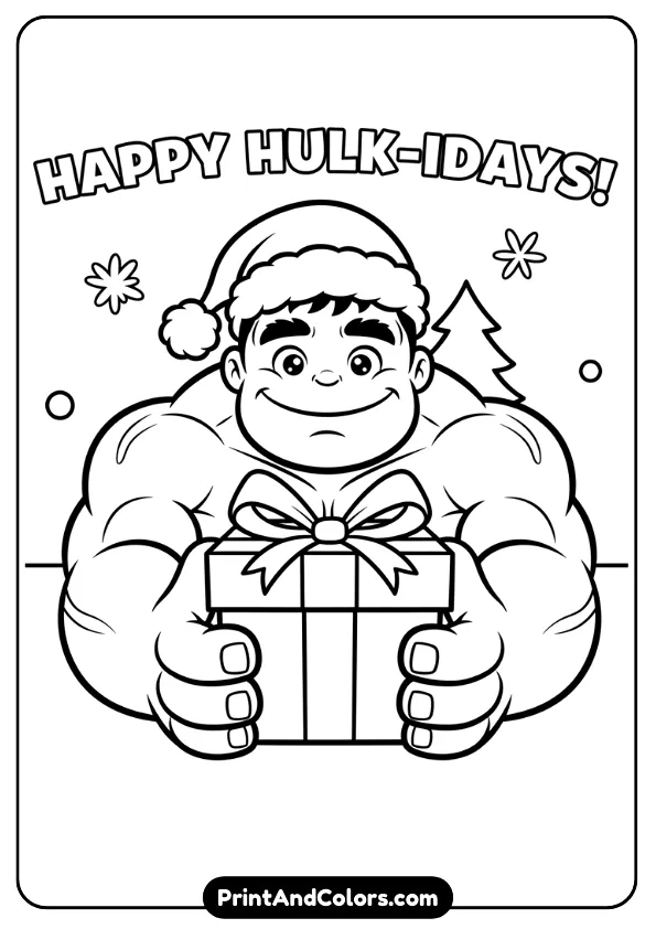 Cartoon Hulk wearing a Santa hat, holding a gift, friendly expression, kid-safe proportions, thick outlines, black and white coloring page