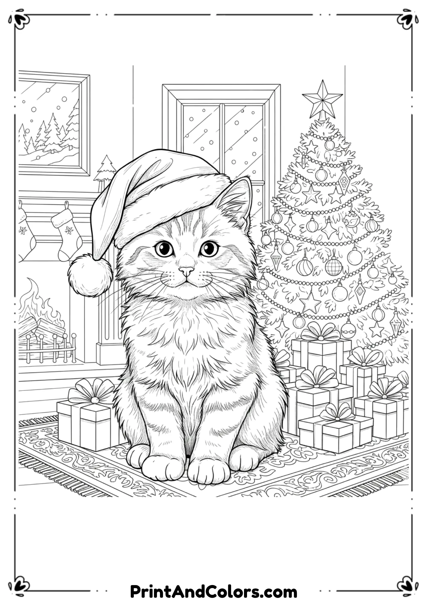 Holiday kitten wearing Santa hat, sitting beside gifts and Christmas tree, festive line art illustration.
