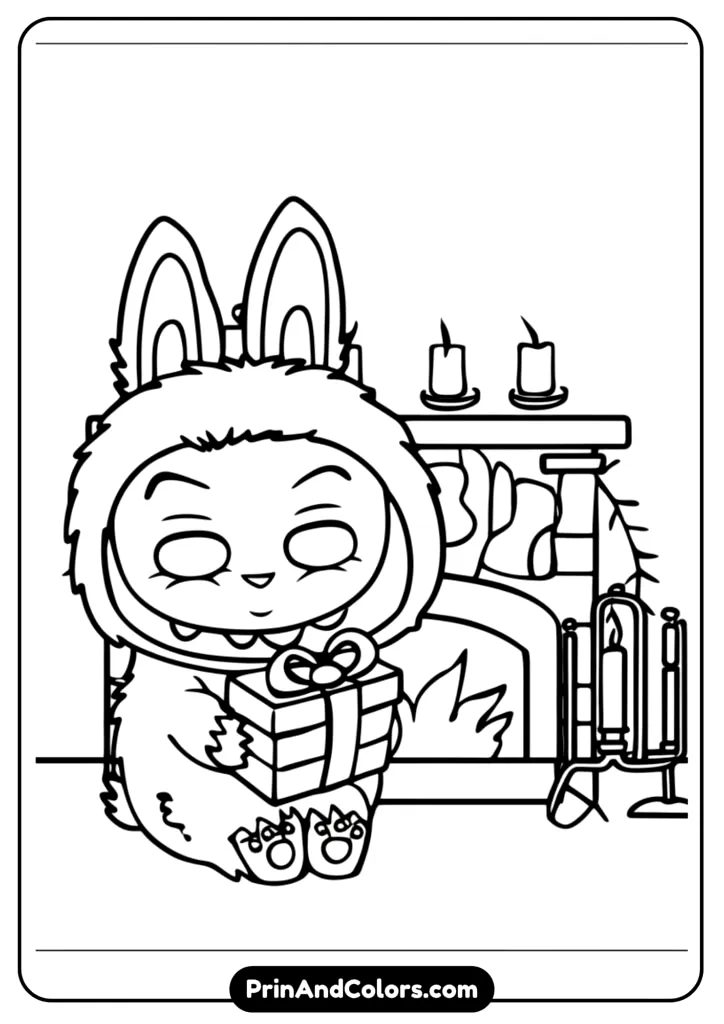 Draw Christmas Labubu wearing a Santa hat, holding hot cocoa with snowy trees and presents in the background, in detailed black and white for coloring