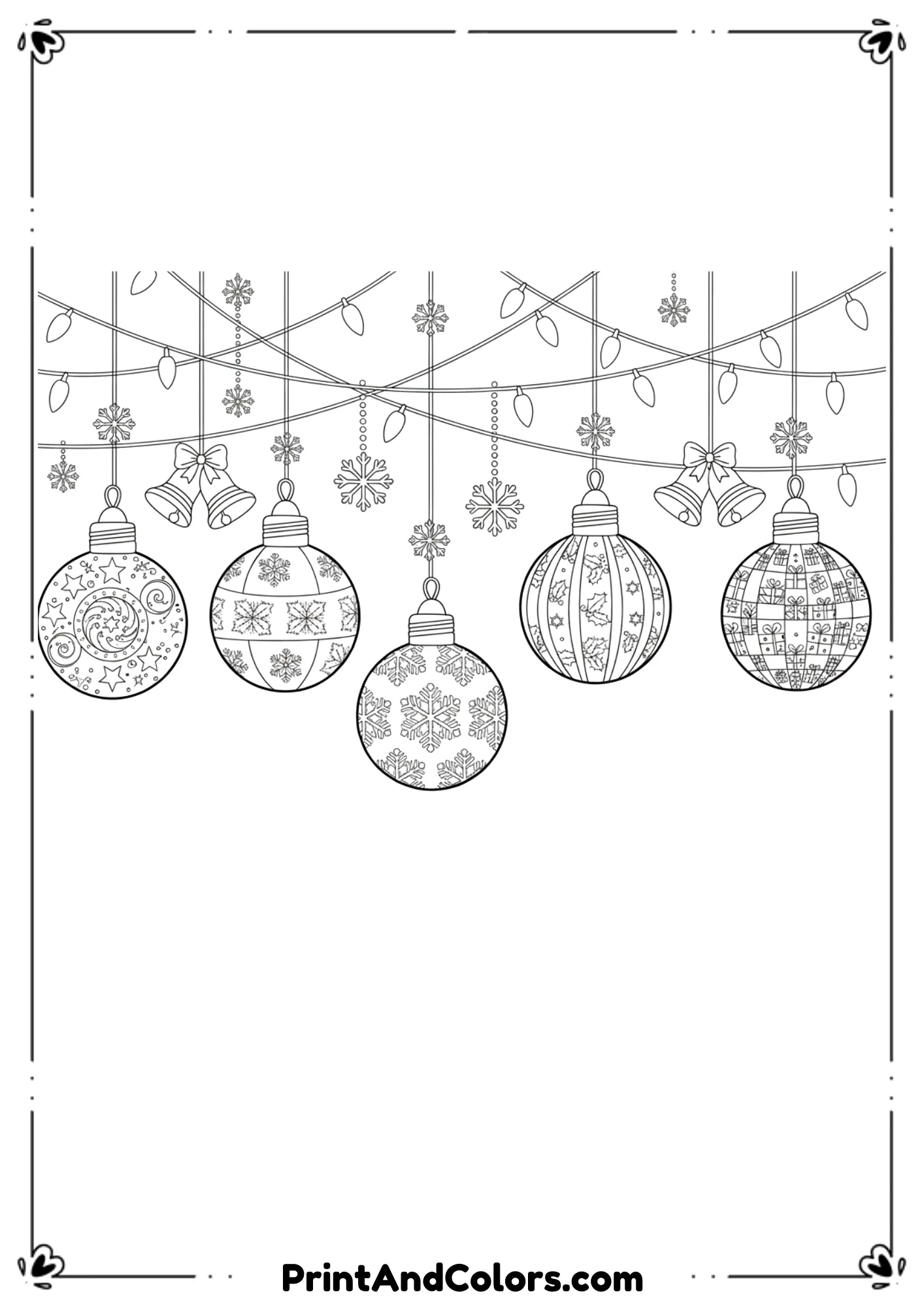 Outline drawing of hanging Christmas string lights in festive patterns, designed for coloring.
