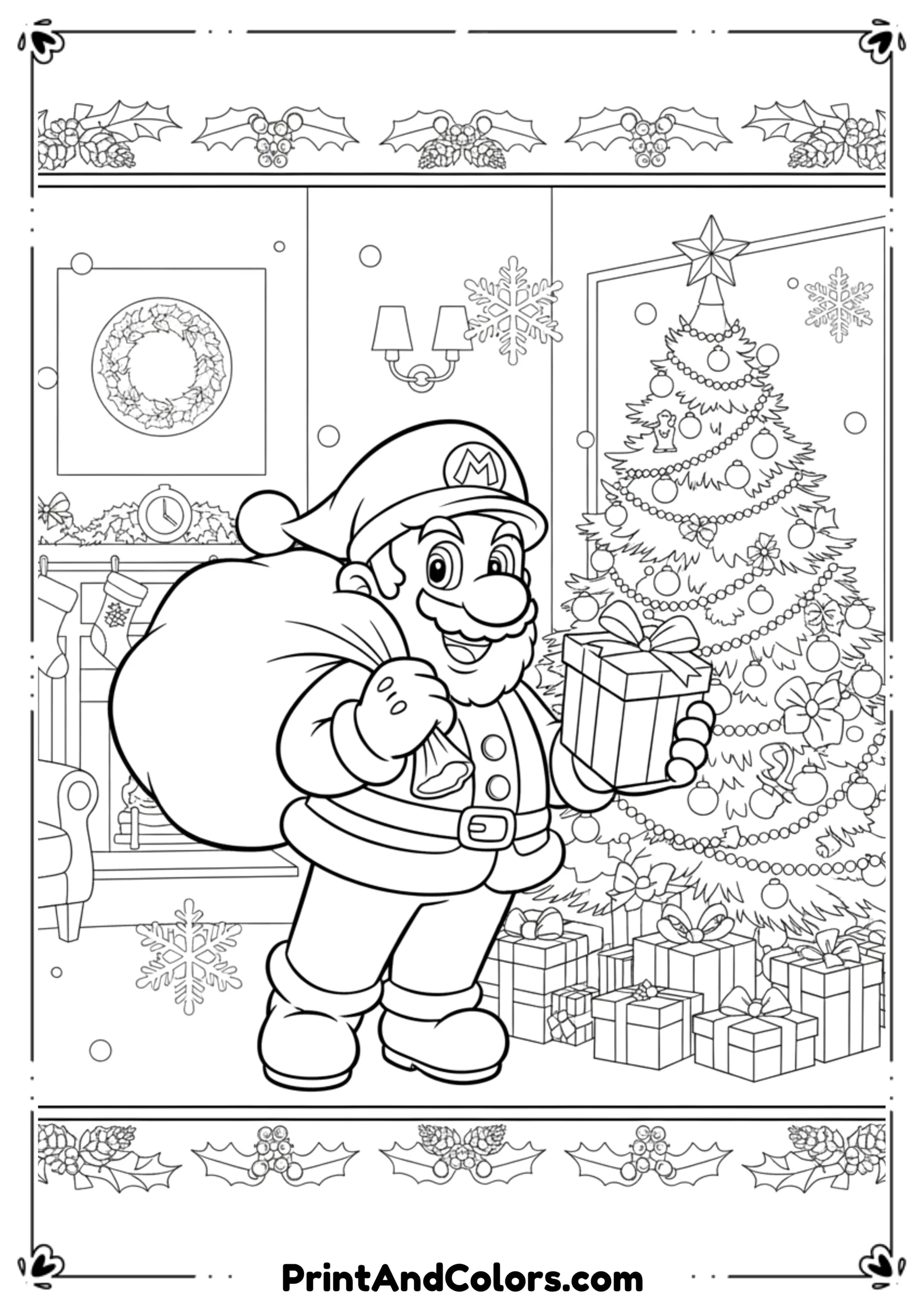Line drawing of Mario in a Santa suit carrying a Christmas gift bag near a decorated tree.