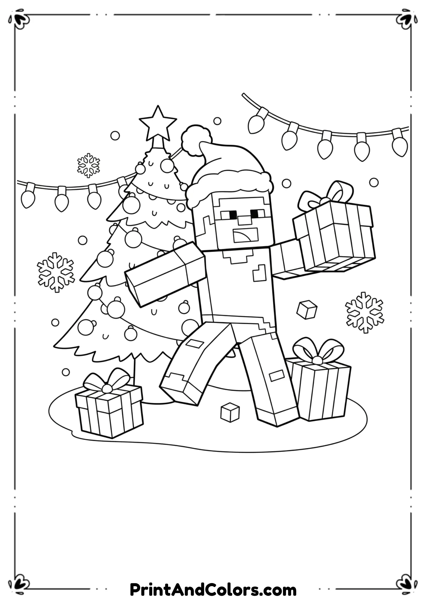Black and white line illustration of Minecraft Steve wearing a Santa hat, festive pose, simple Christmas elements, bold outlines, no shading, printable coloring page.