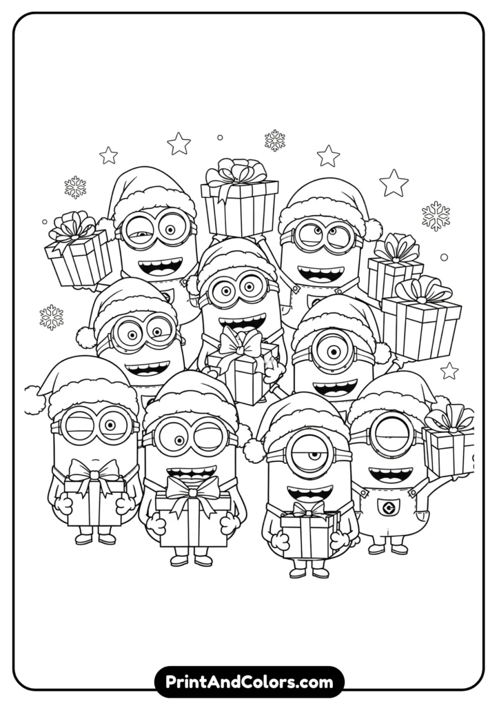 Minions wearing Santa hats and holding gifts, festive black-and-white cartoon outlines for coloring.